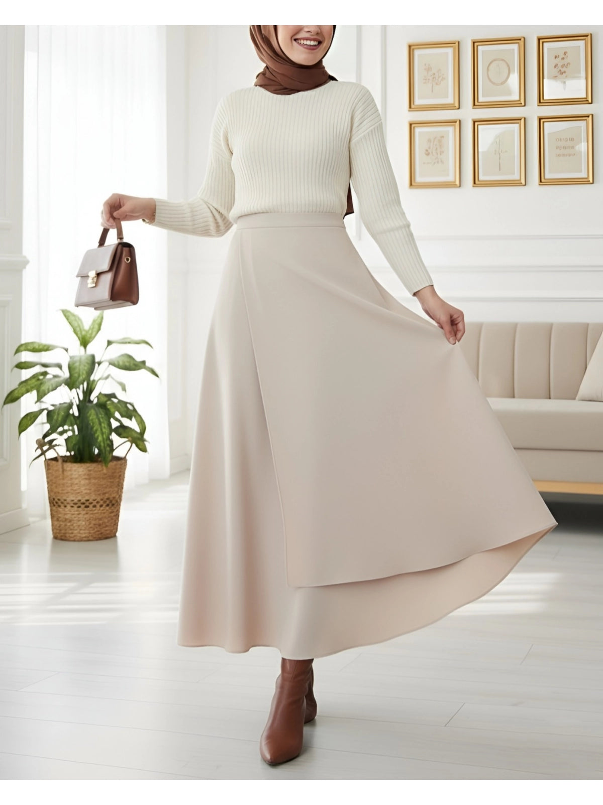 beige structured scuba modest skirt women