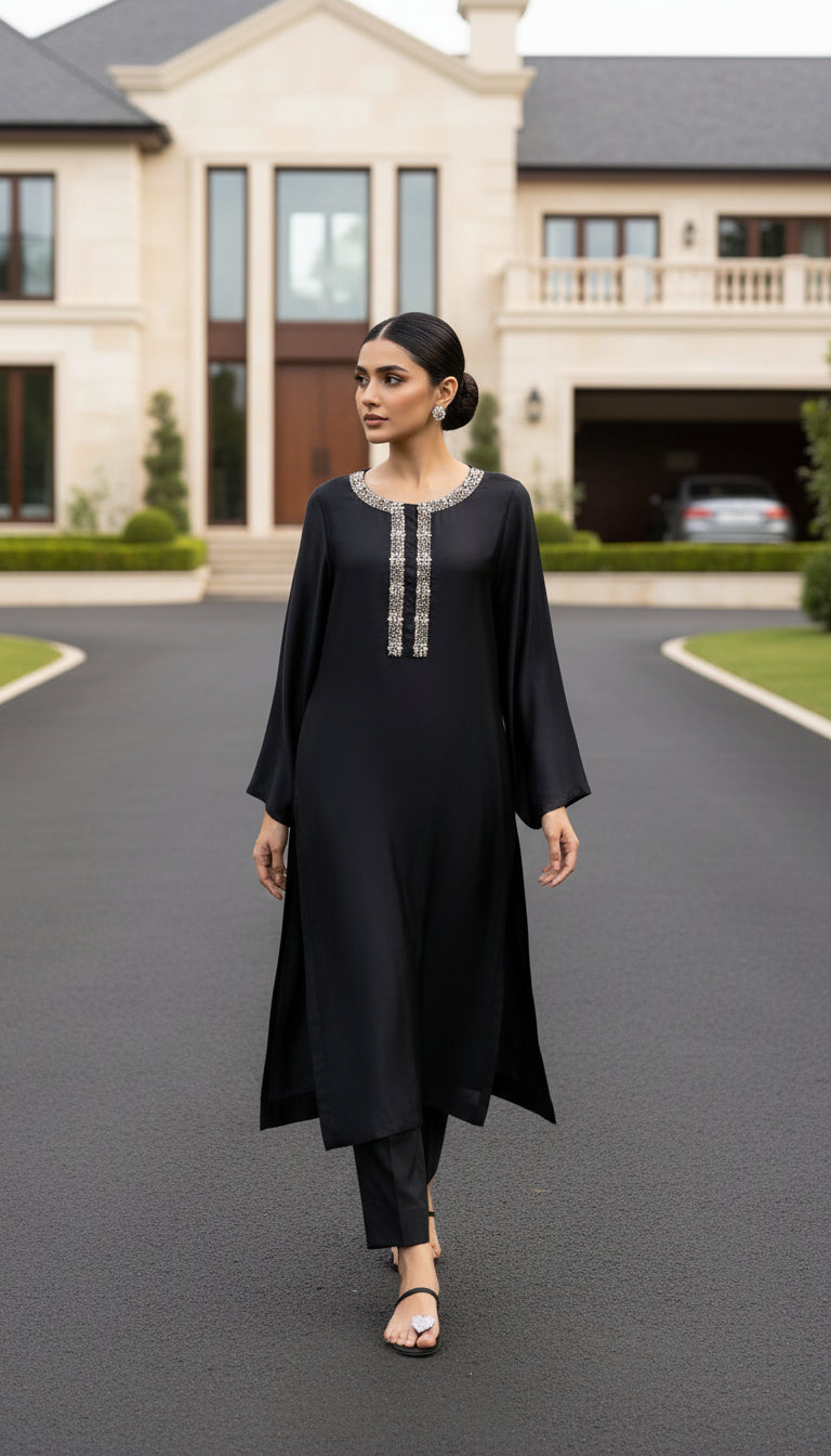 festive black modest co ord haya and kalos