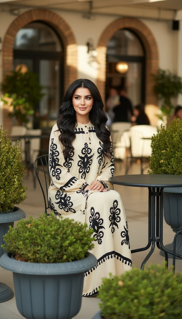 beige and black printed modest long dress