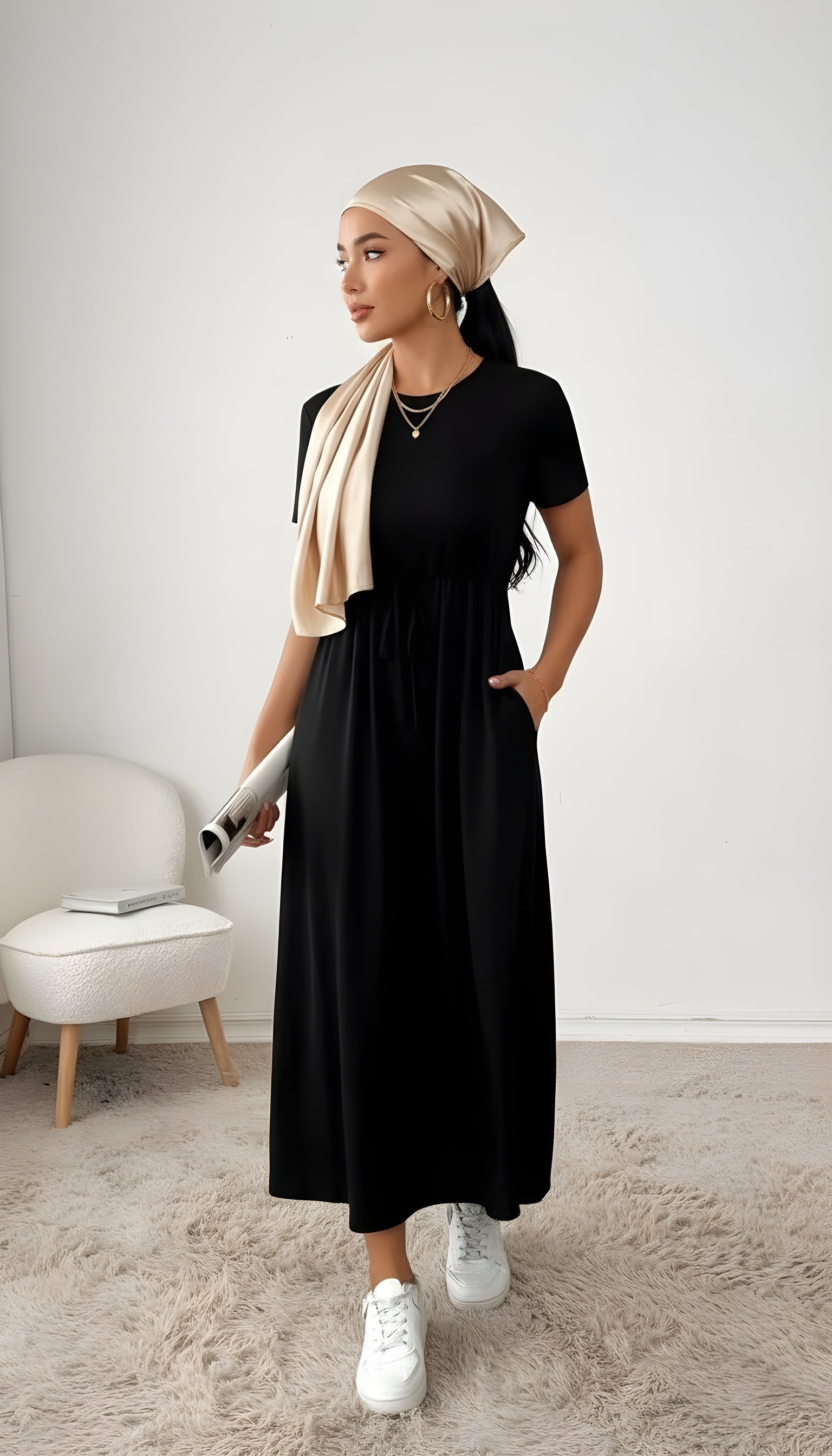 Black viscose maxi dress short sleeves