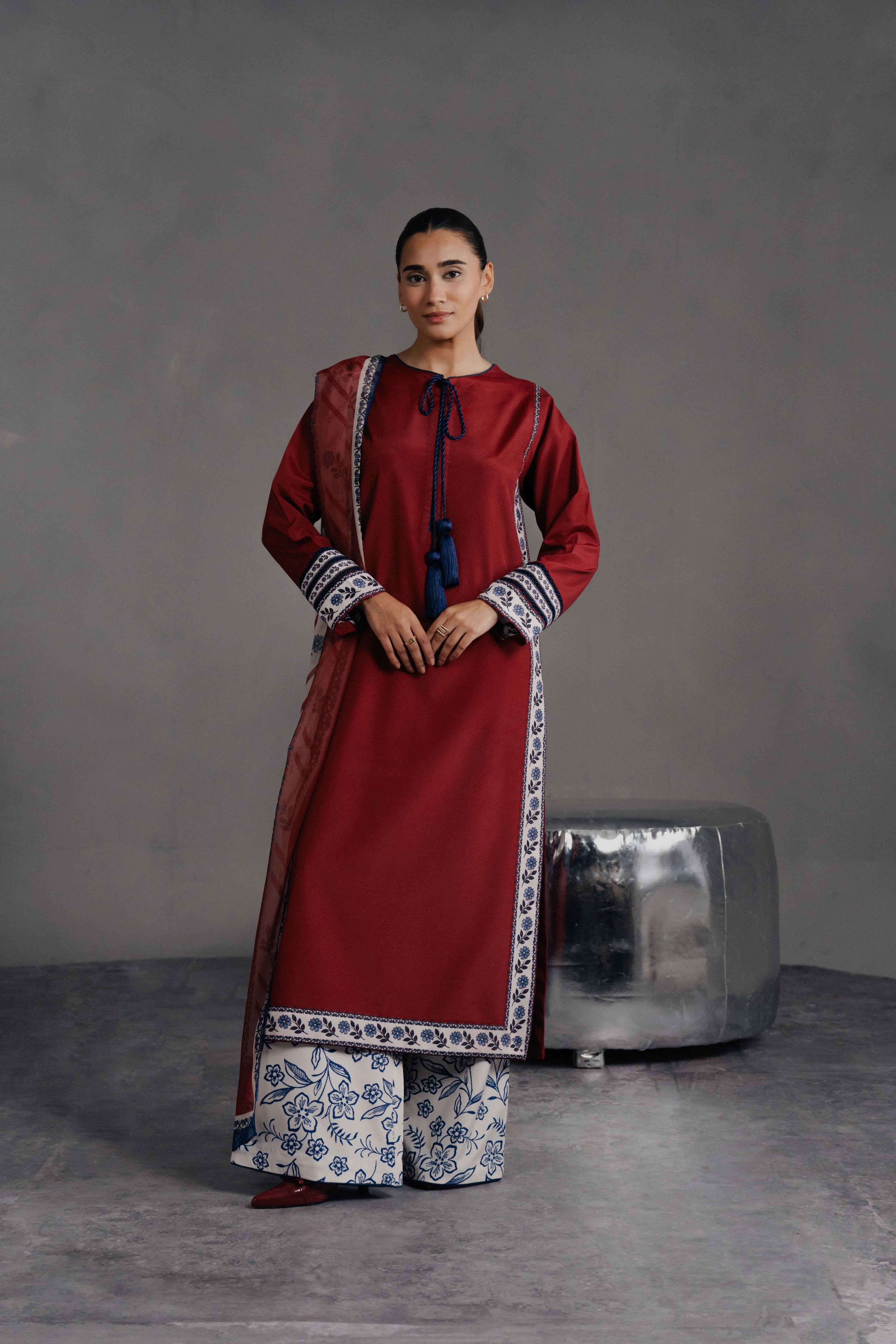 rust modest kurta set with printed borders