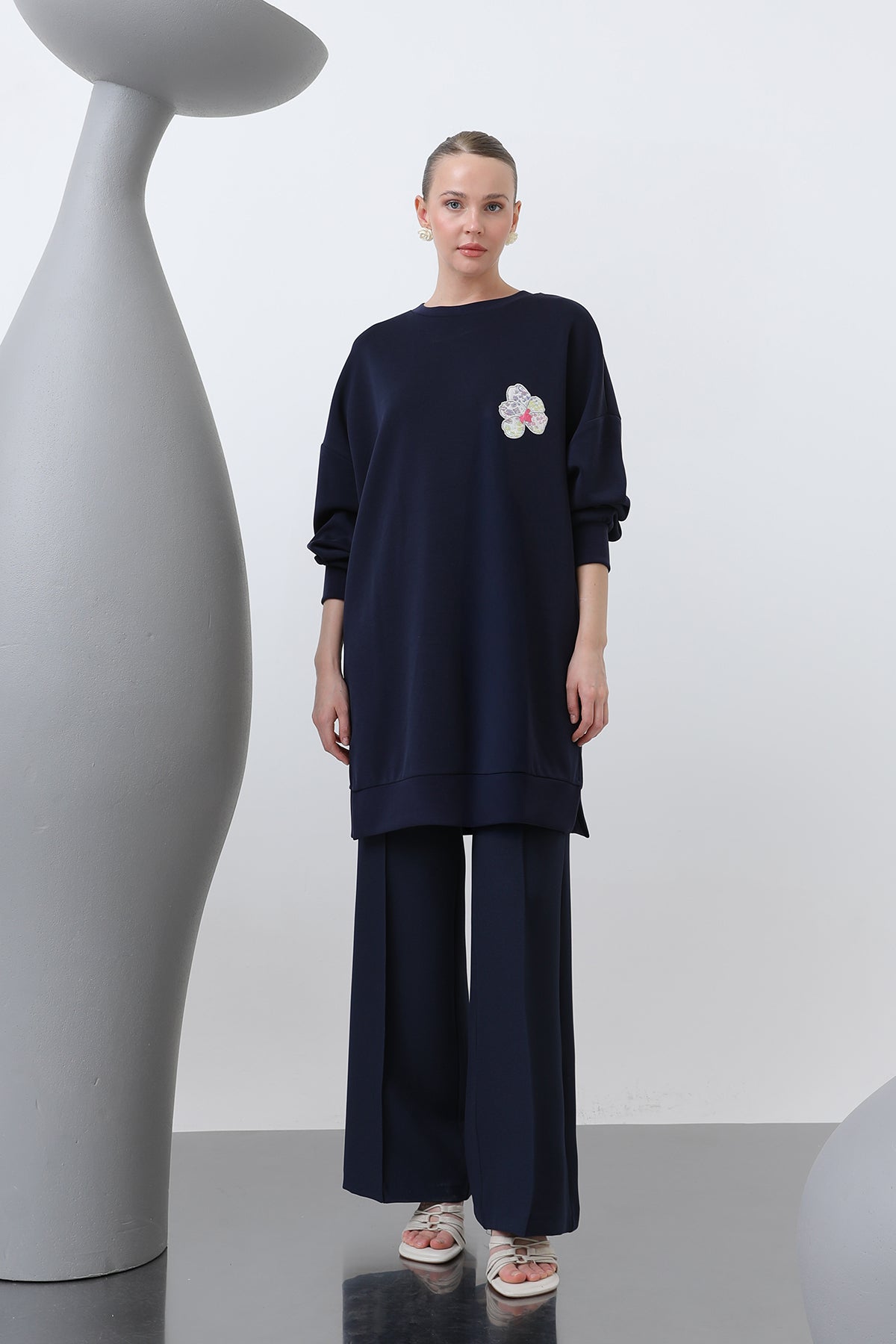 longline navy embroidered modest top