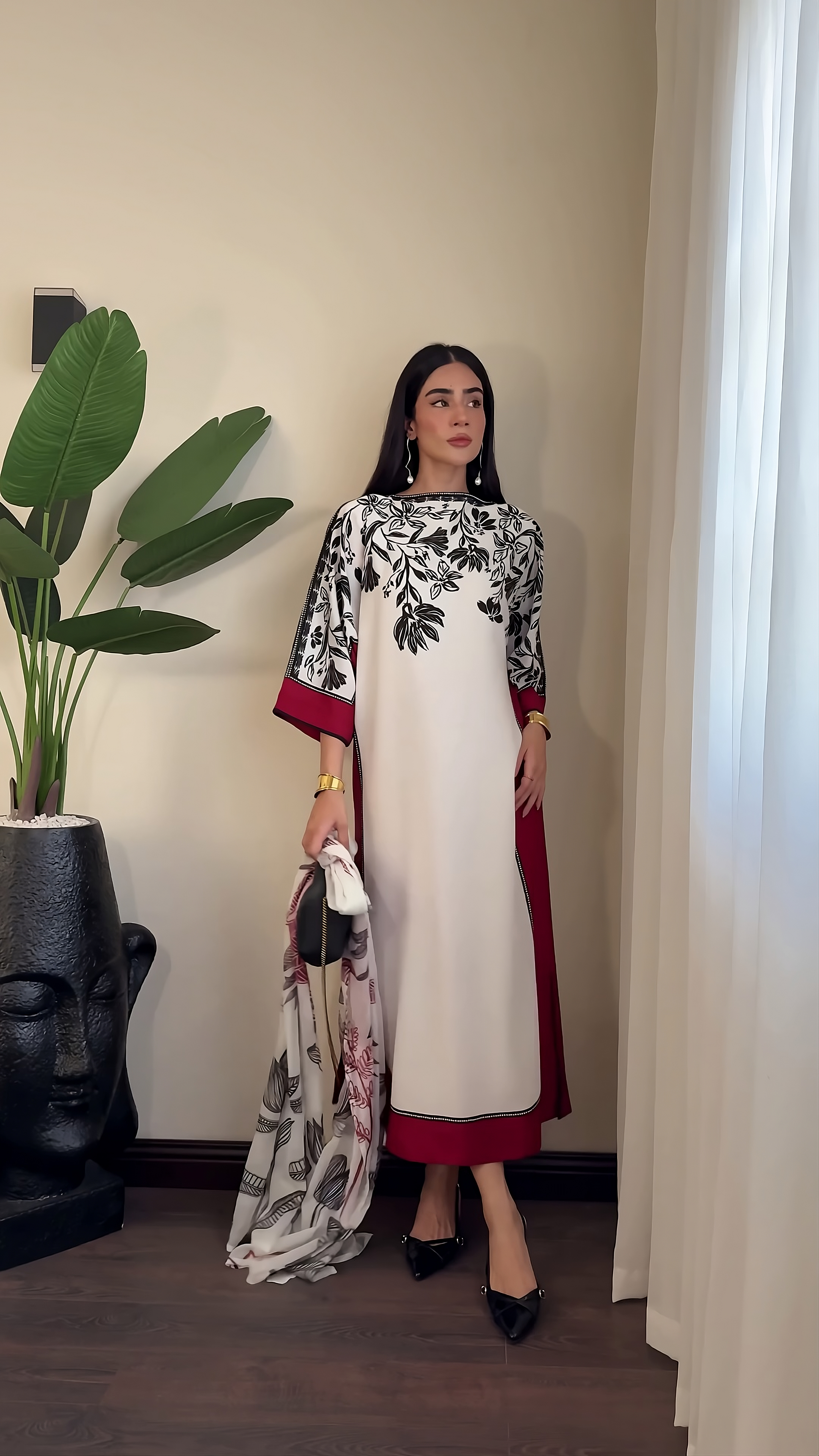 Ivory Noir Blossom Modest Co-Ord Set with Scarf