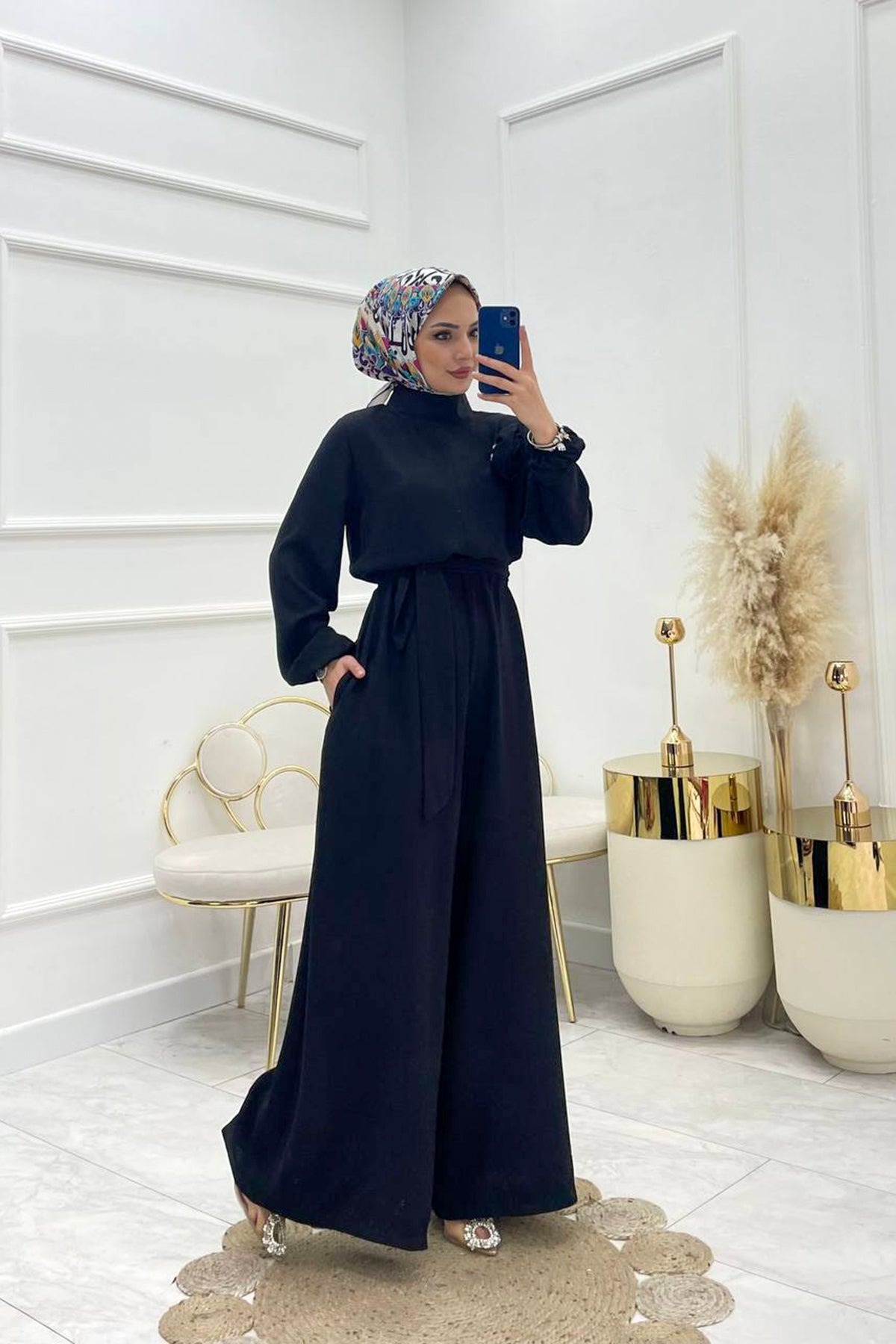 modest black wide leg jumpsuit for women