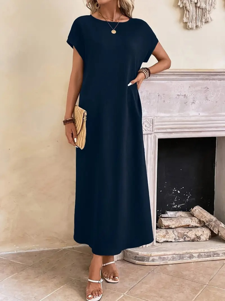 navy blue viscose maxi dress short sleeves
