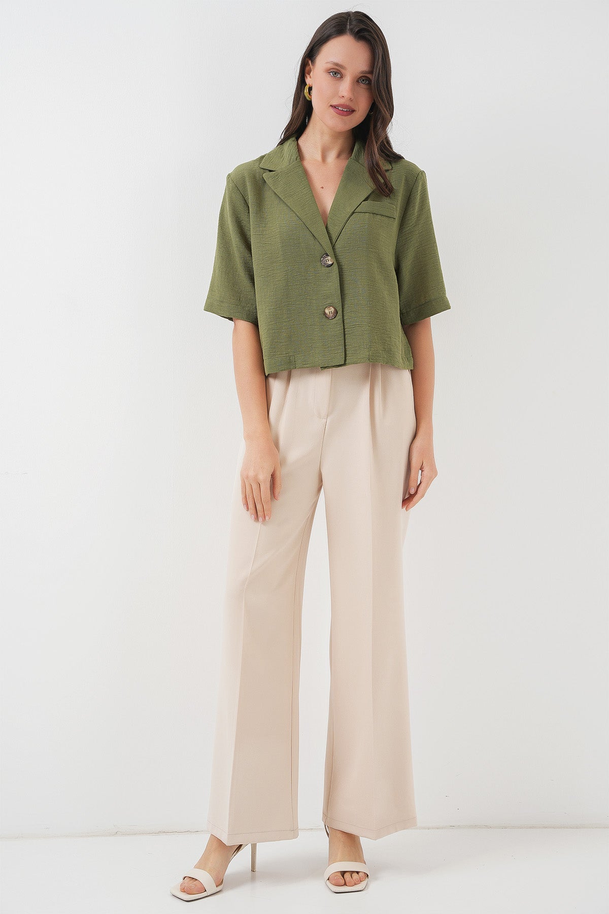 premium khaki linen modest crop jacket