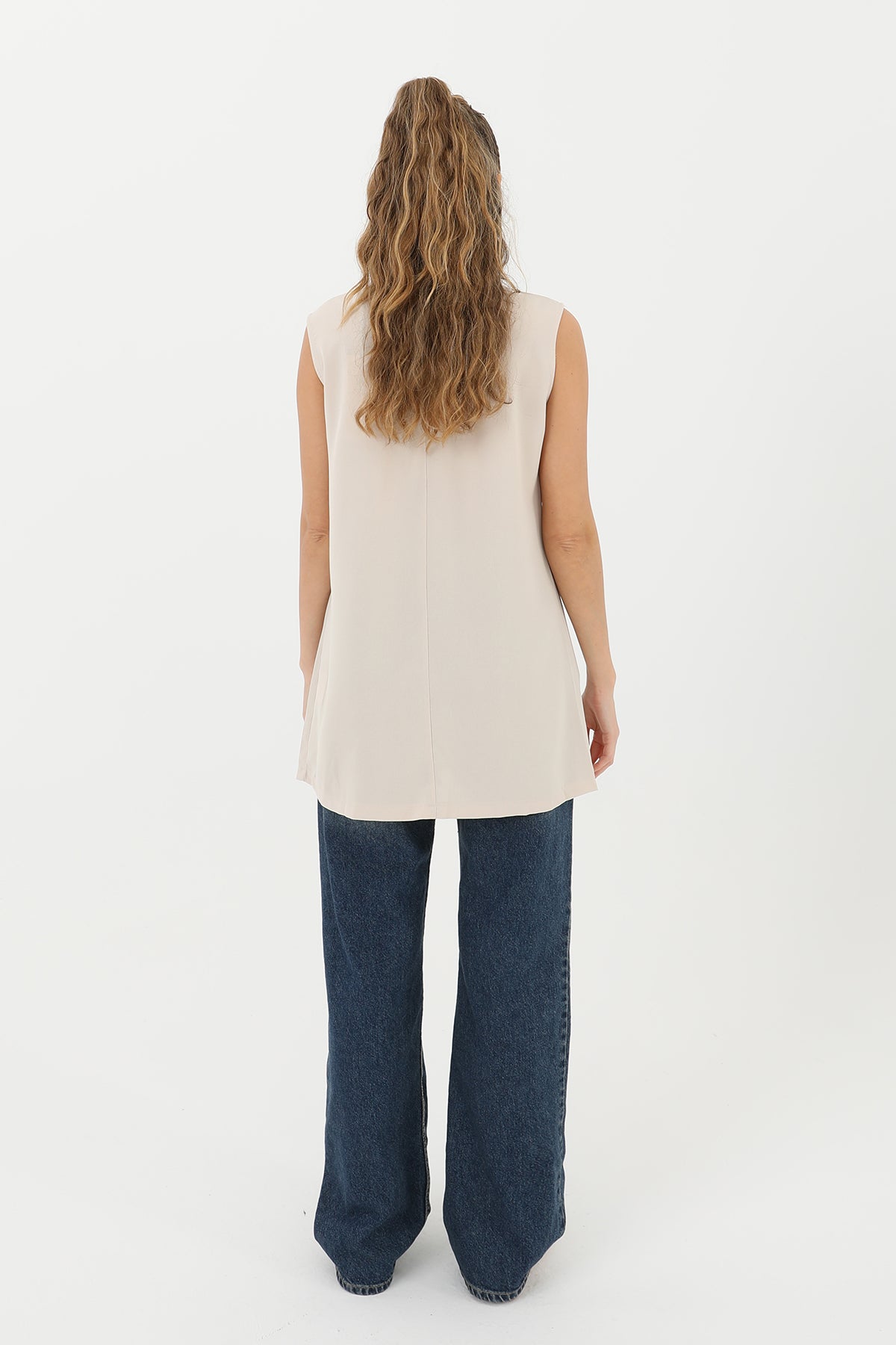 sleeveless beige crepe tunic for women