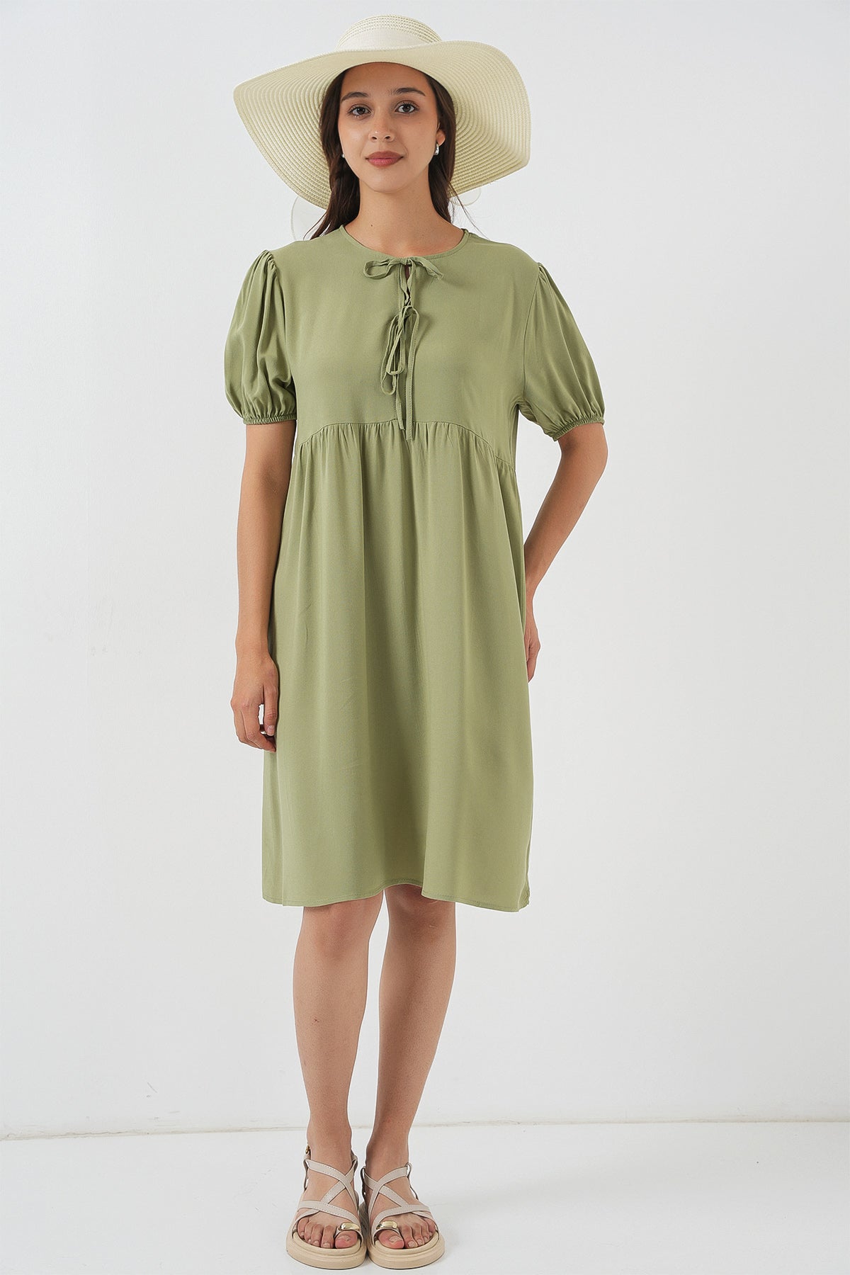 olive green knee length dress puff sleeves