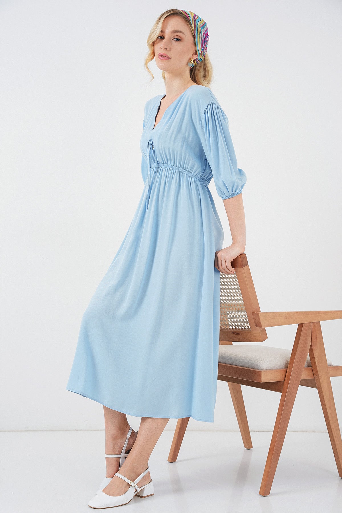 modest puff sleeve fit and flare dress haya and kalos