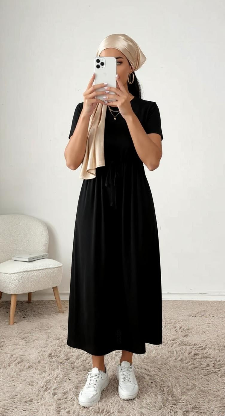 modest tie belt maxi dress for women