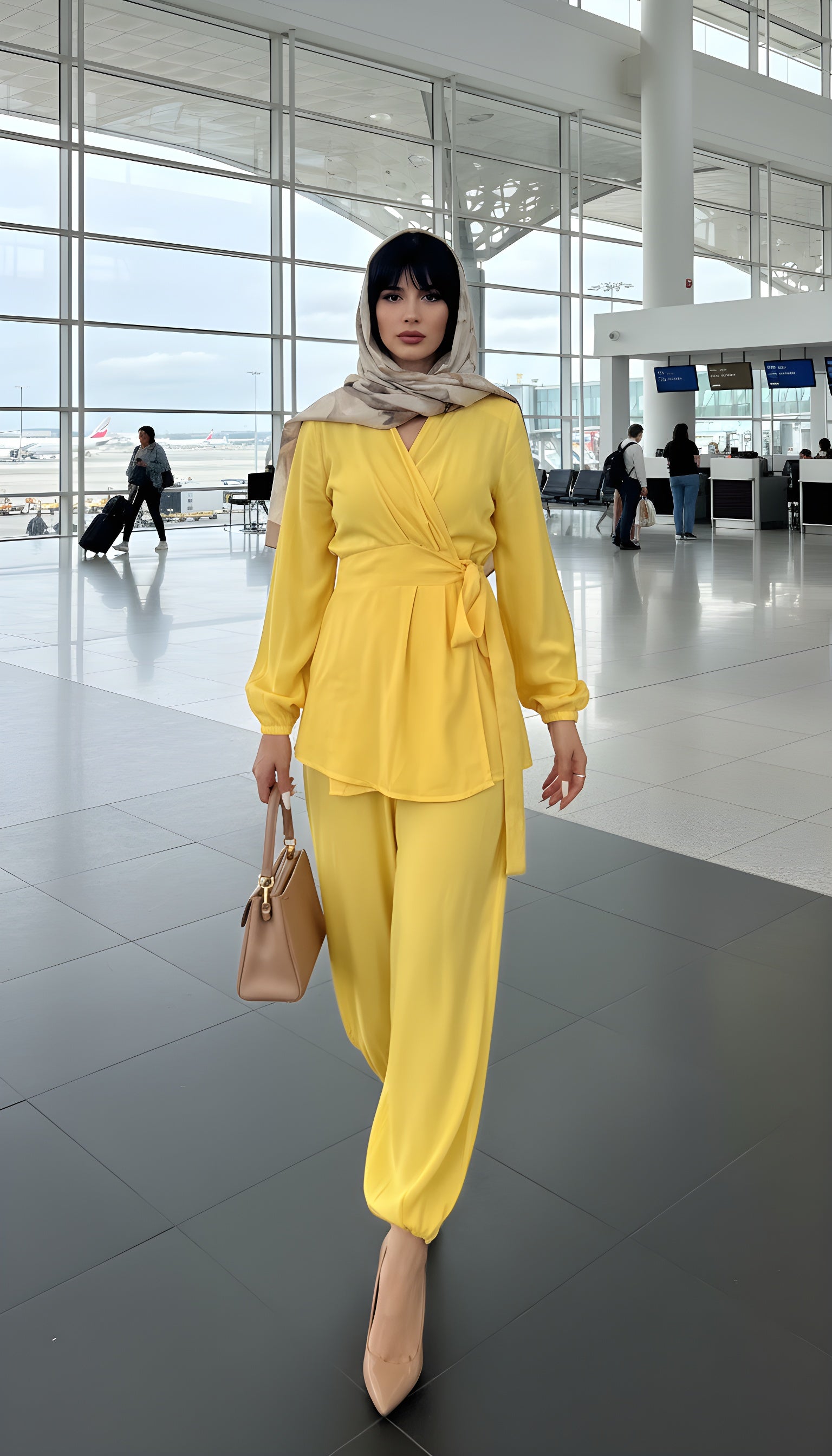 Yellow Elegant Modest Set With Balloon Leg Jogger