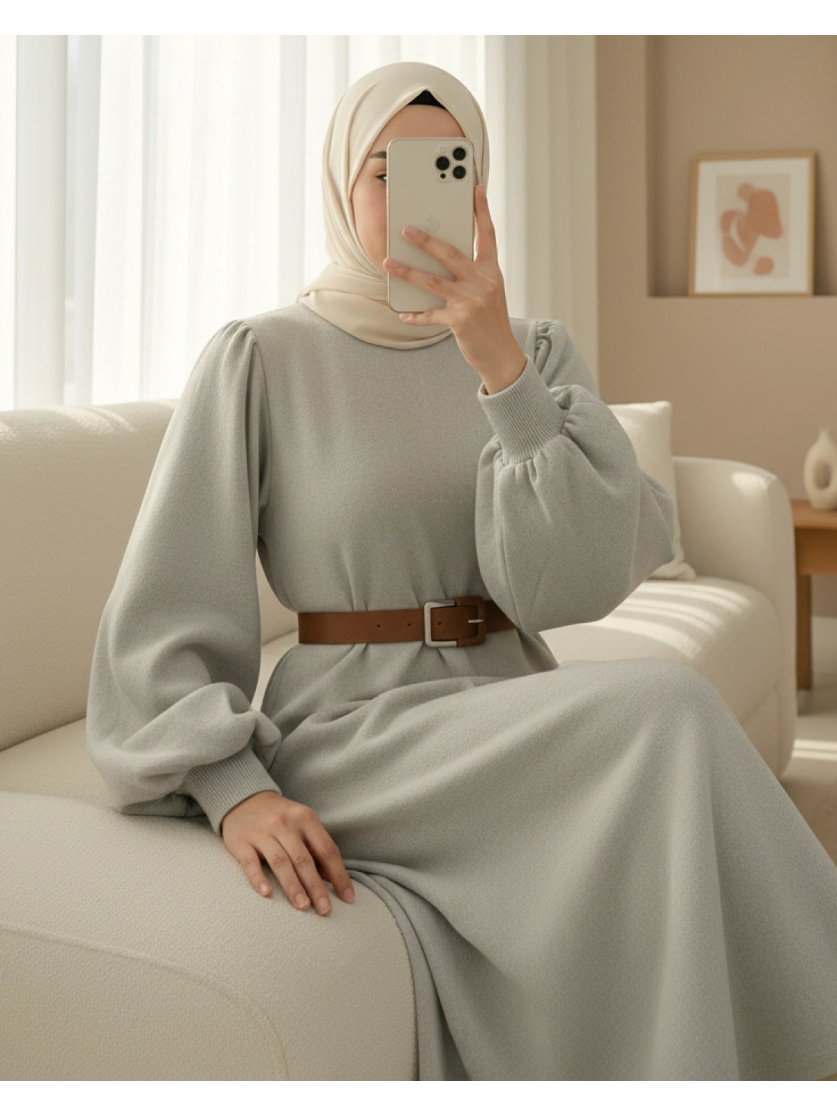 light grey puff sleeve belted modest maxi dress