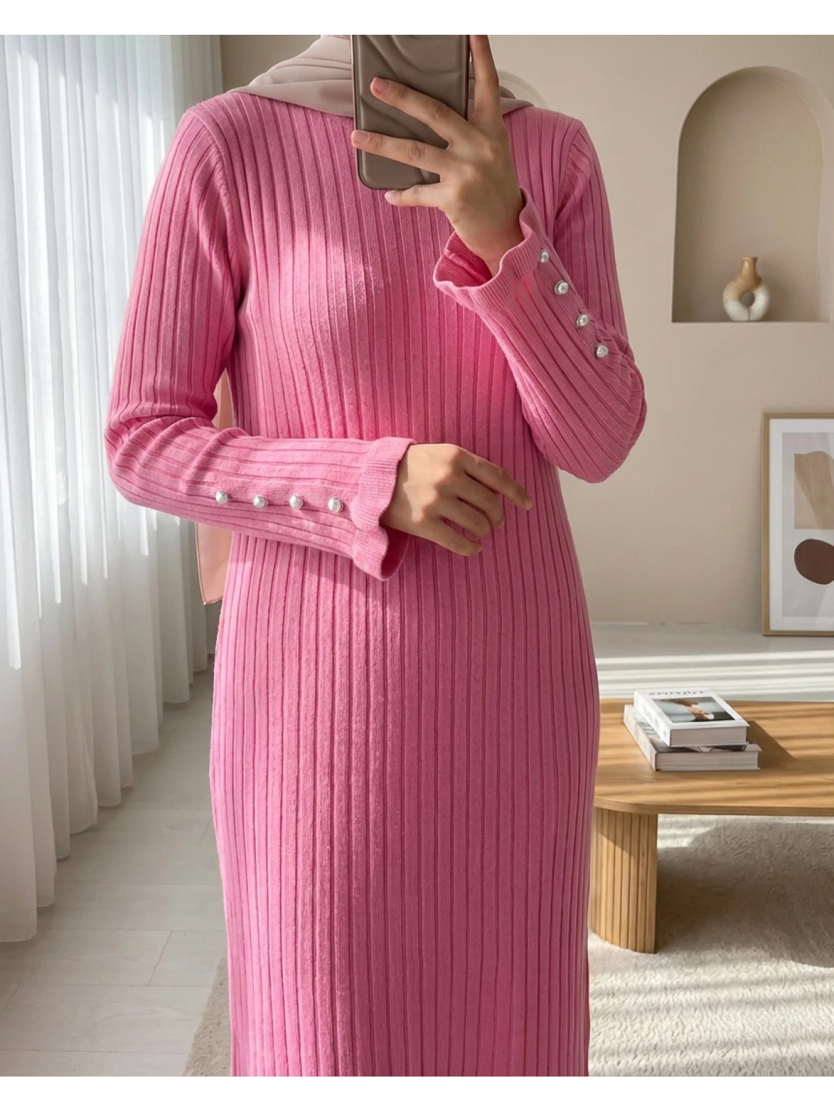 pink ribbed knit button detail modest maxi dress