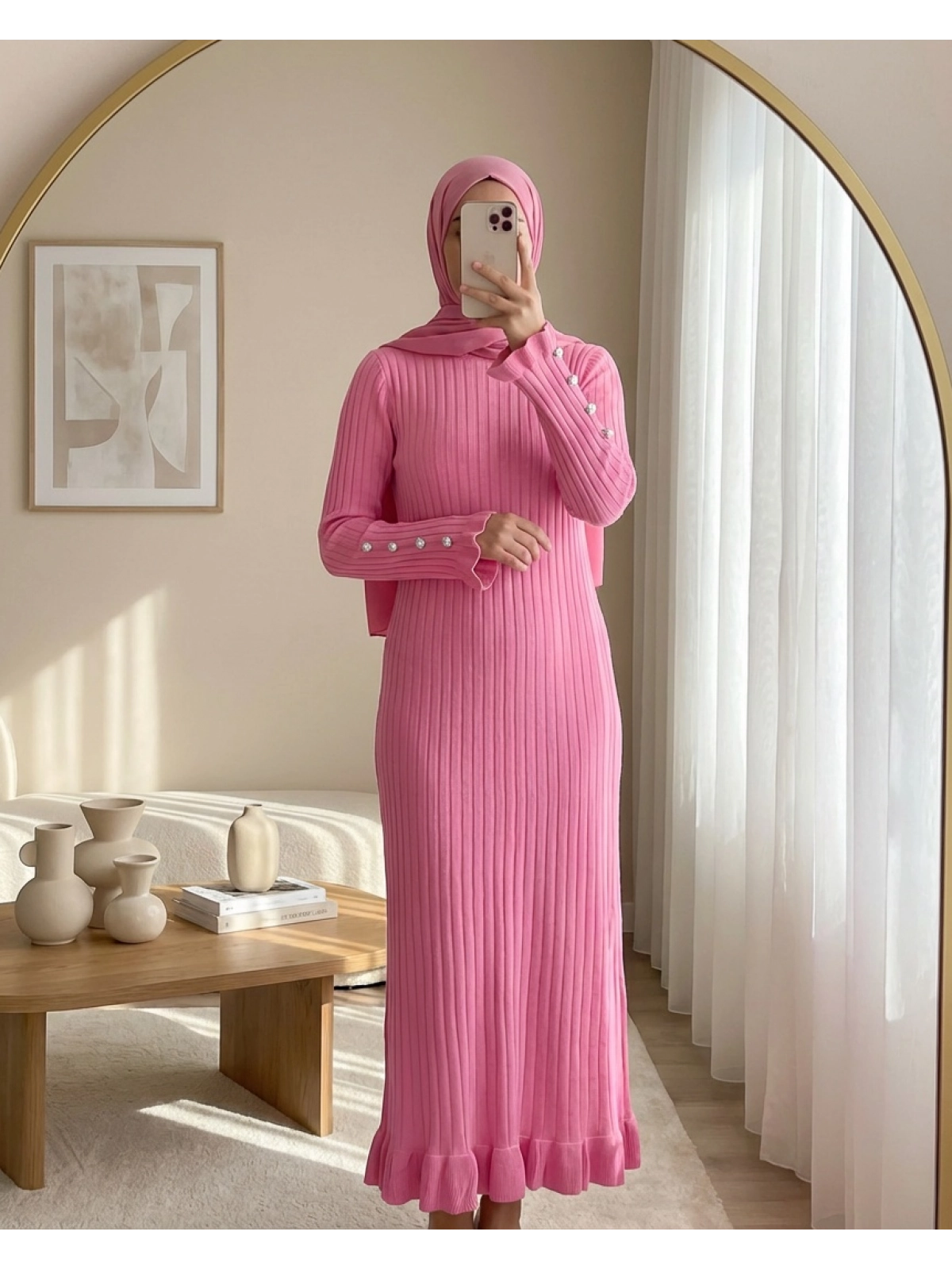 soft pink knit modest dress women