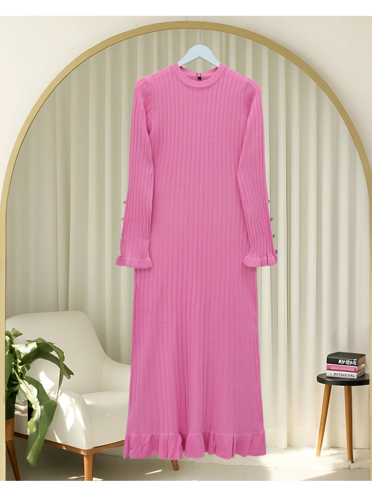 ribbed knit full length modest dress with buttons