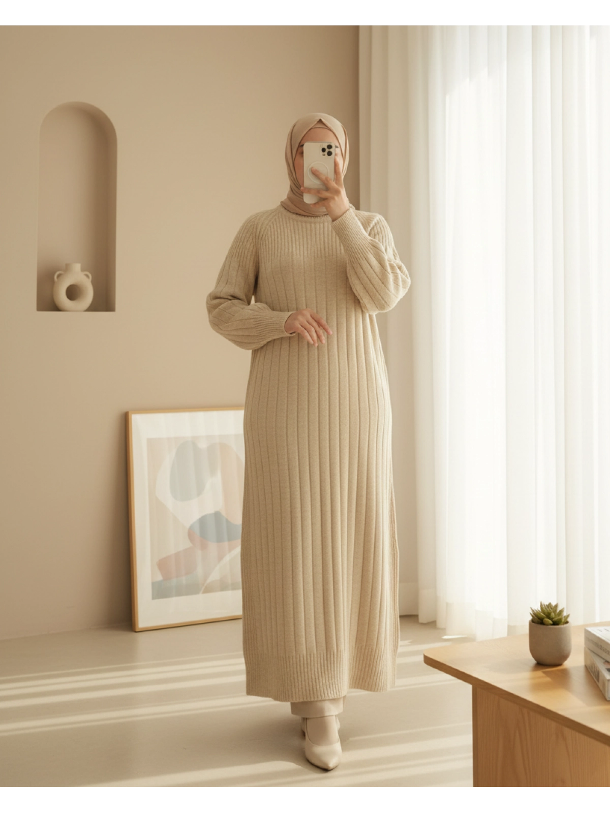 beige ribbed knit modest maxi dress