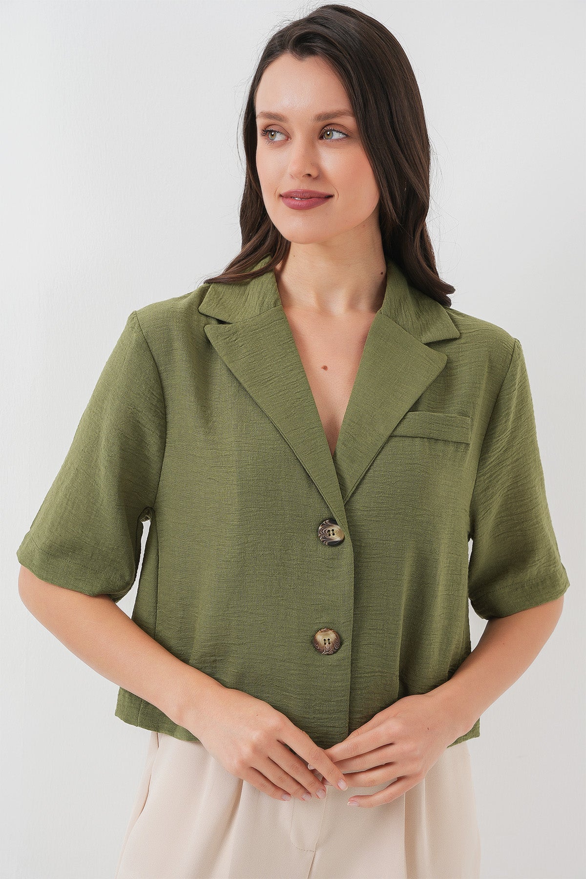 premium khaki short sleeve modest layering jacket