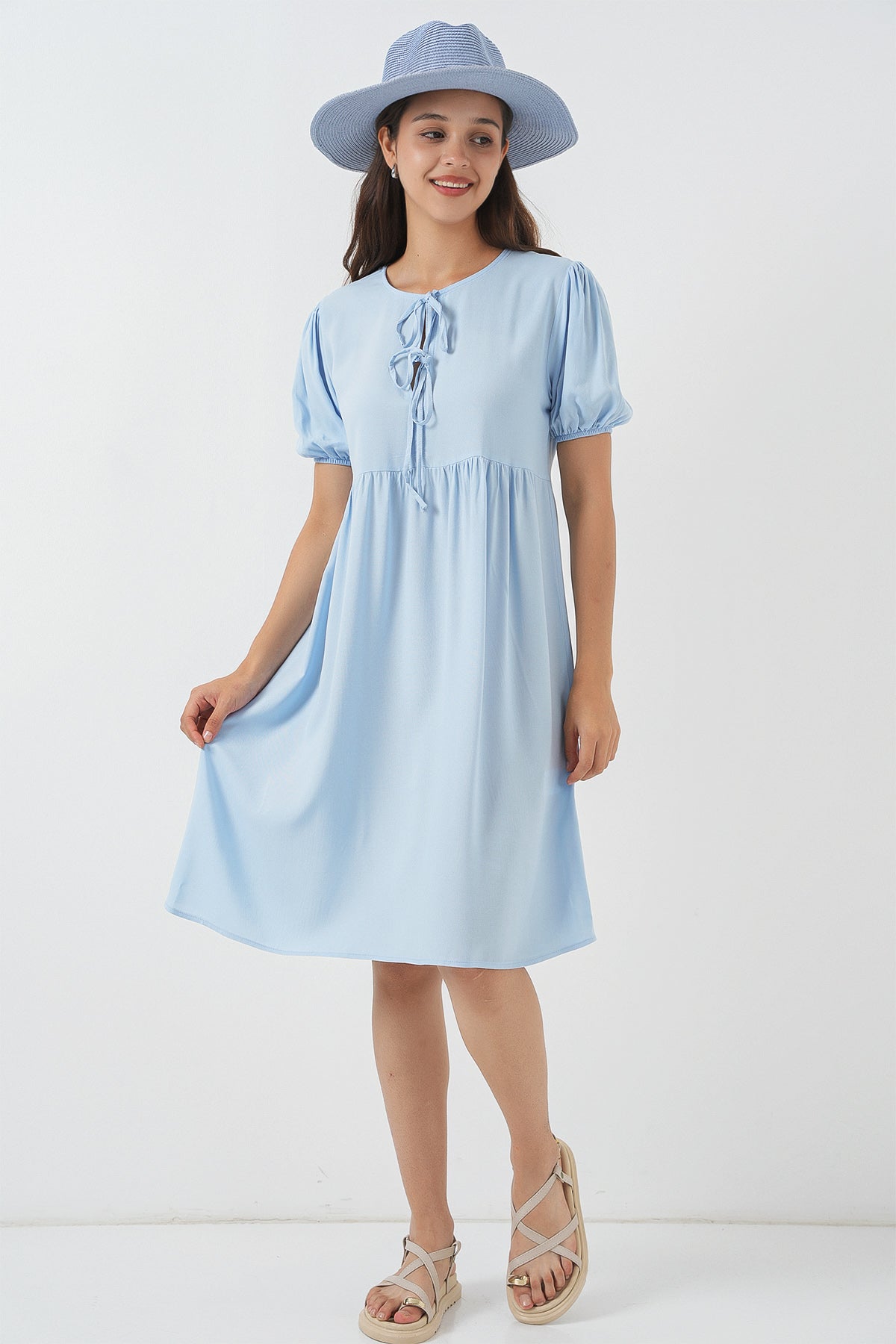 Light Blue Short Sleeve Tie-Front Dress