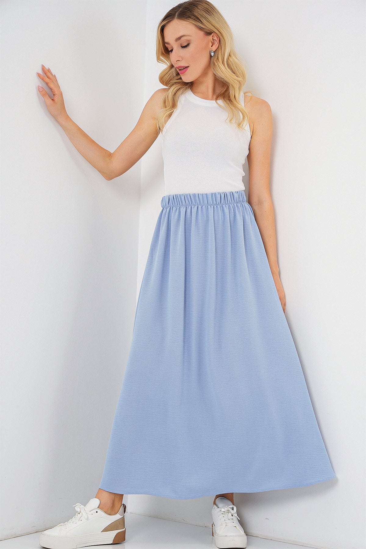 Azure Bloom High-Waist Modest Flared Maxi Skirt