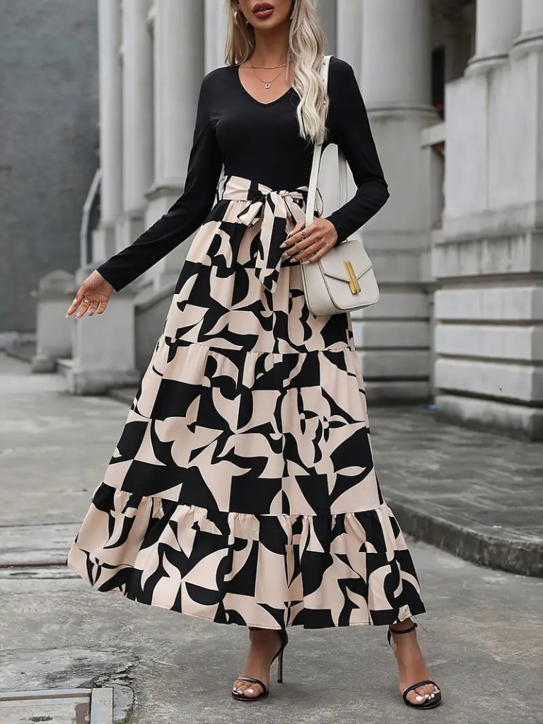 modest belted printed dress crew neck