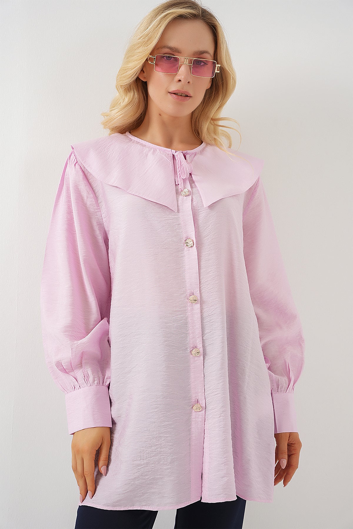 Long Pink Modest Tunic with Statement Collar & Gold Buttons