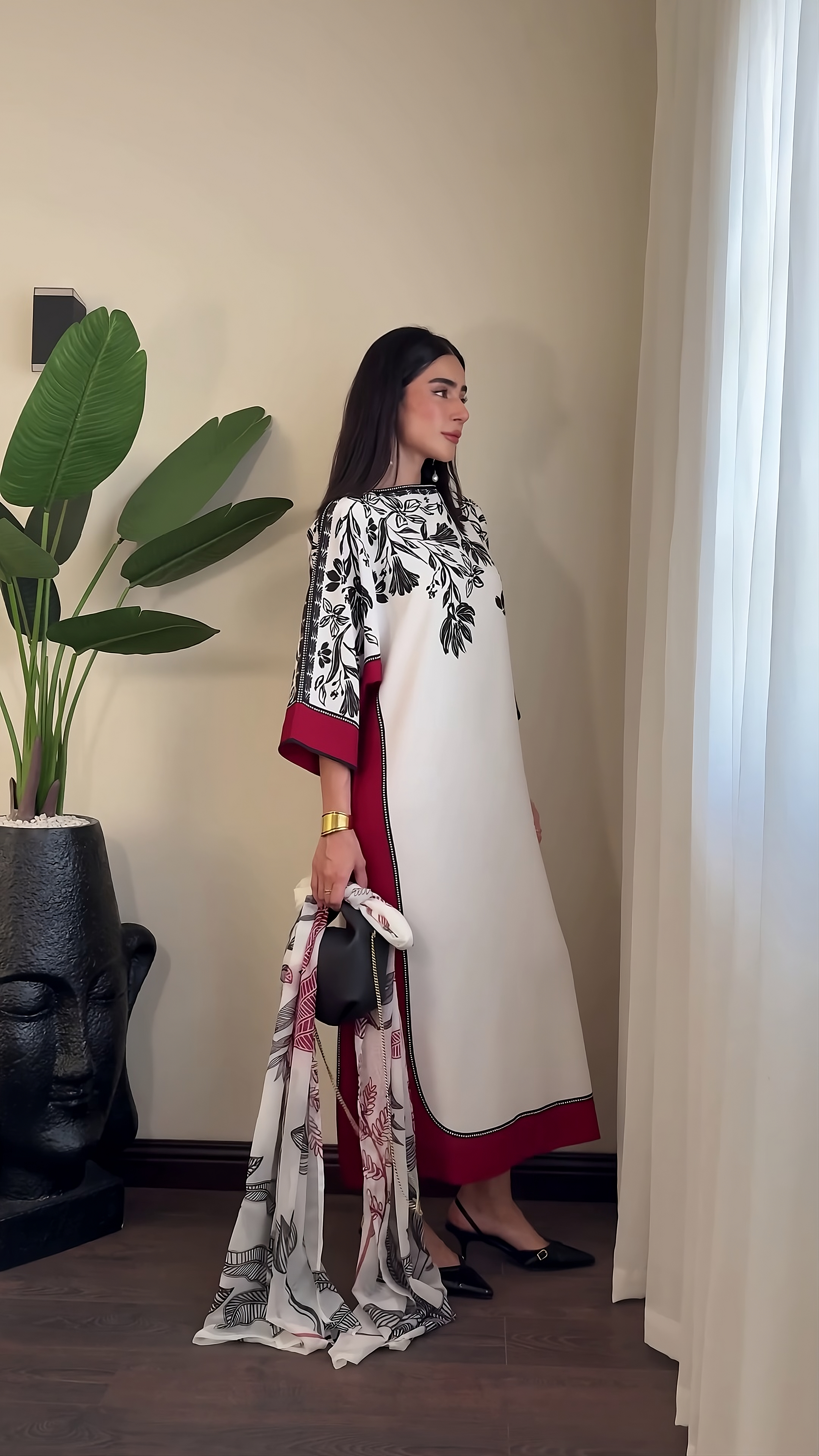 Ivory Noir Blossom Modest Co-Ord Set with Scarf