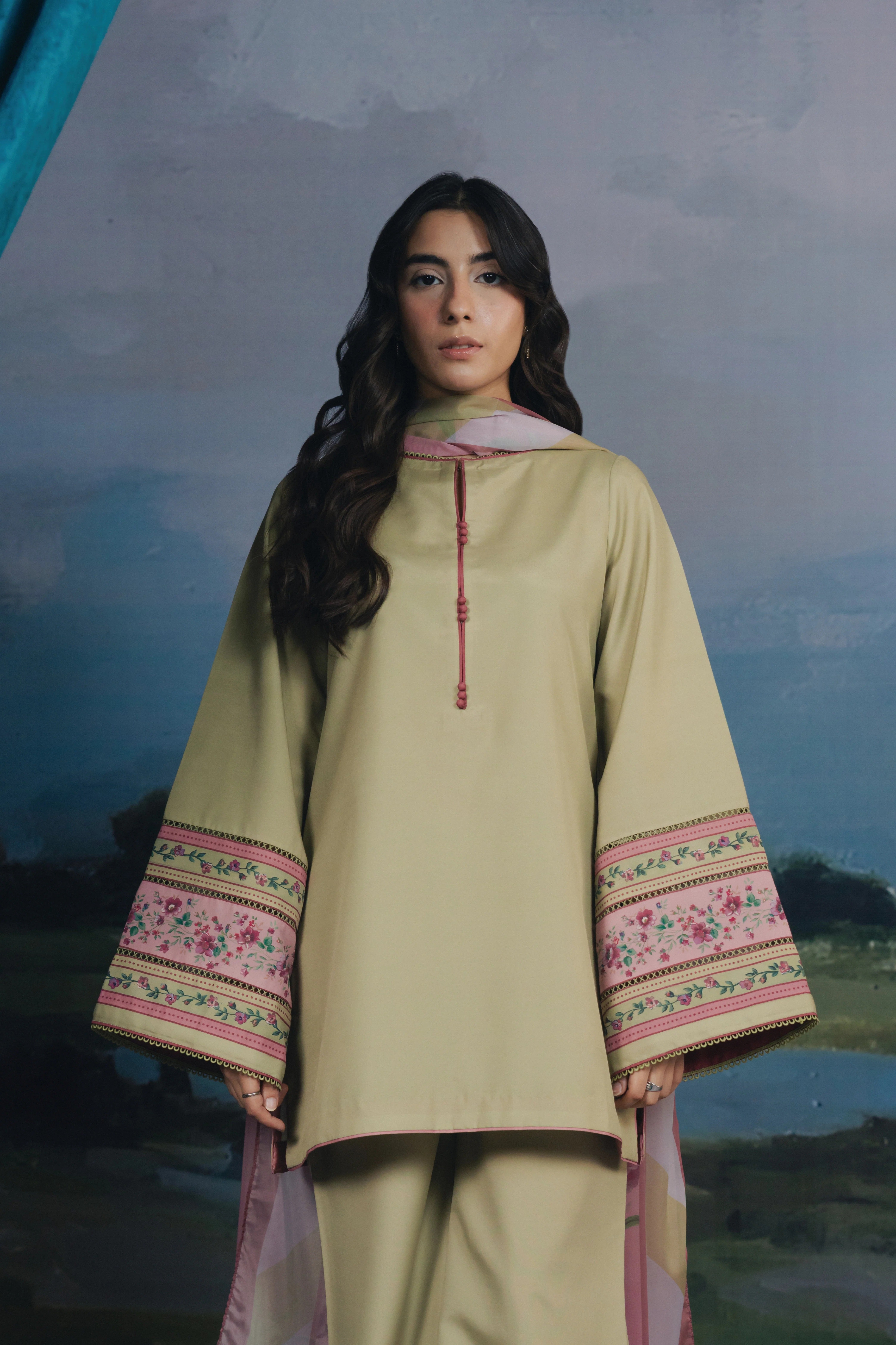 sand blush printed sleeve kurta set