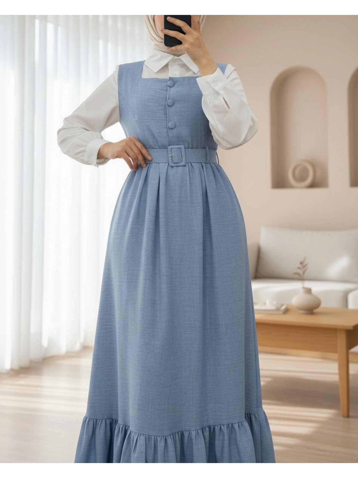 Dusty Blue Korean-Inspired Button-Front Modest Maxi Dress