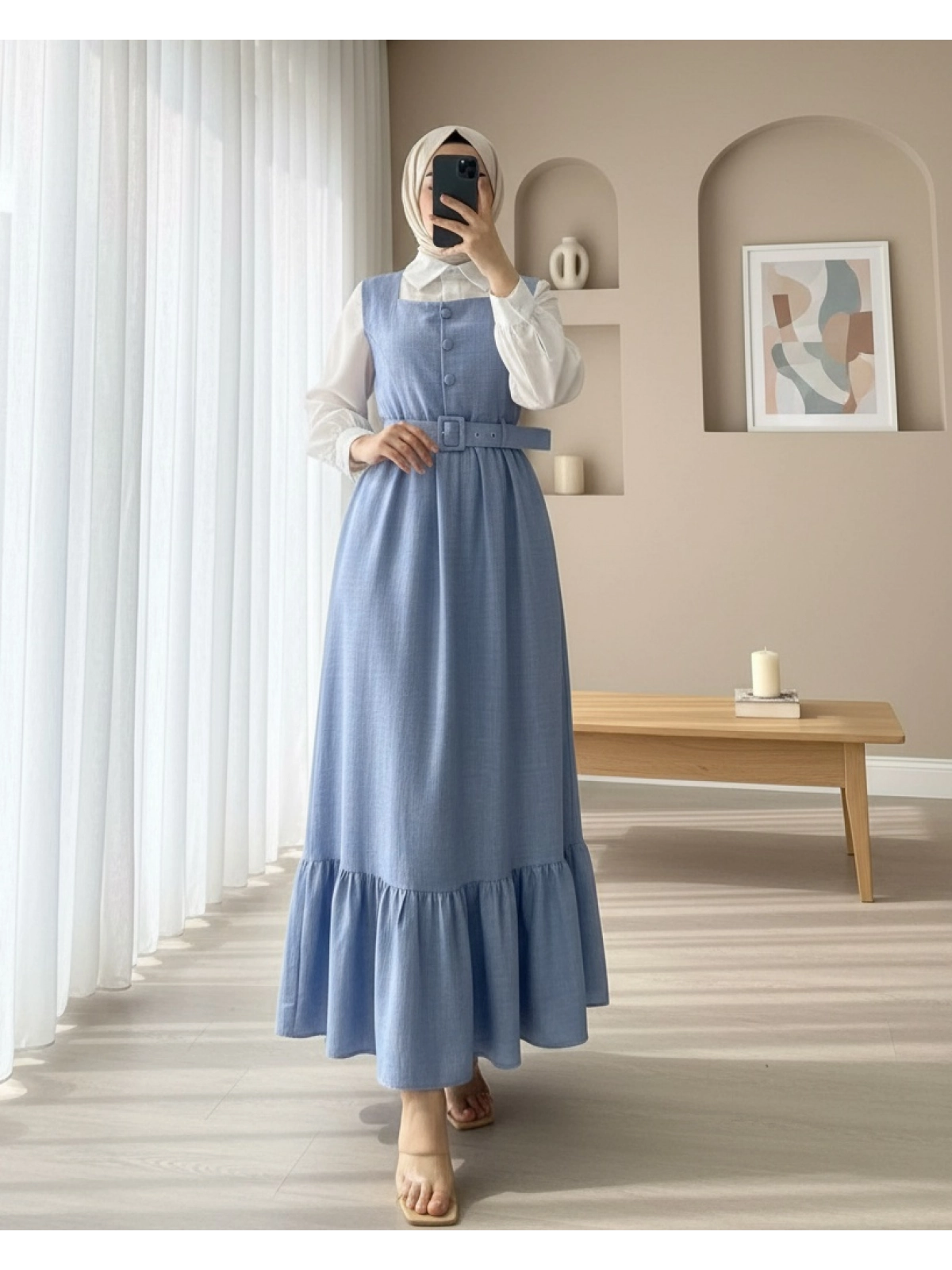 Dusty Blue Korean-Inspired Button-Front Modest Maxi Dress