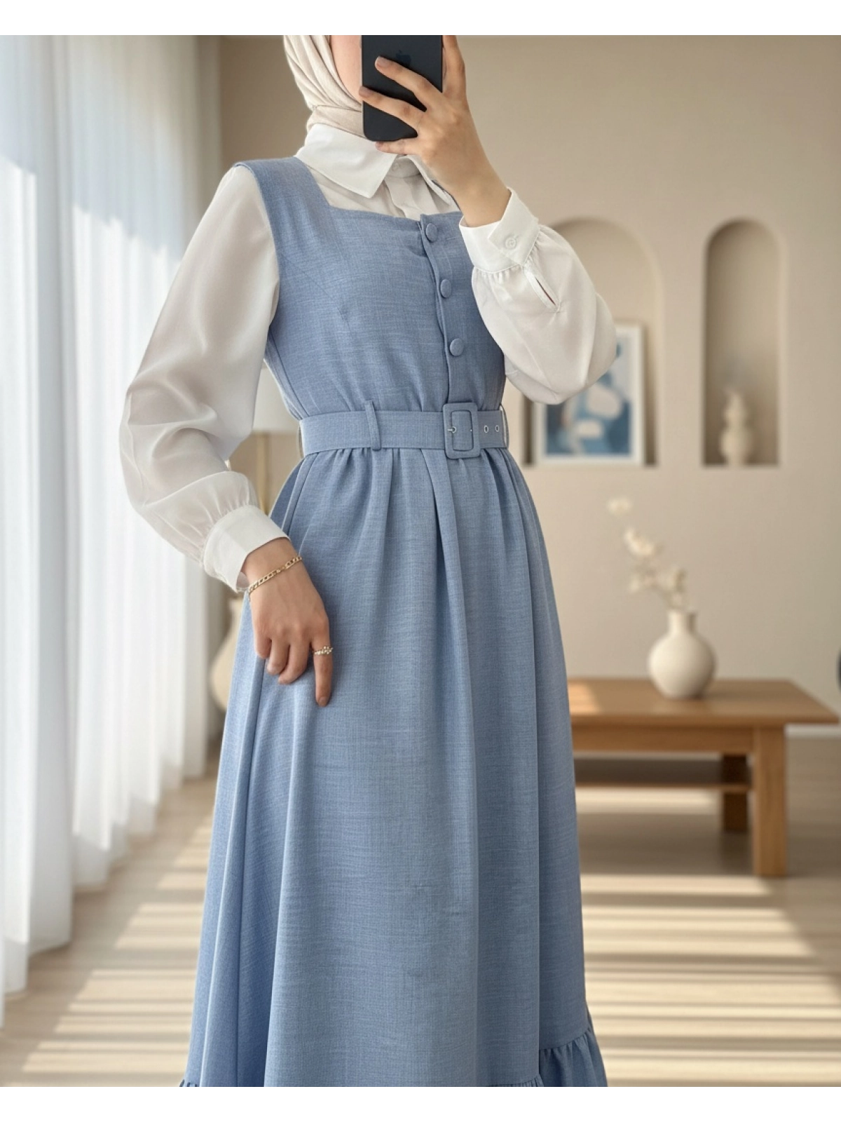 Dusty Blue Korean-Inspired Button-Front Modest Maxi Dress