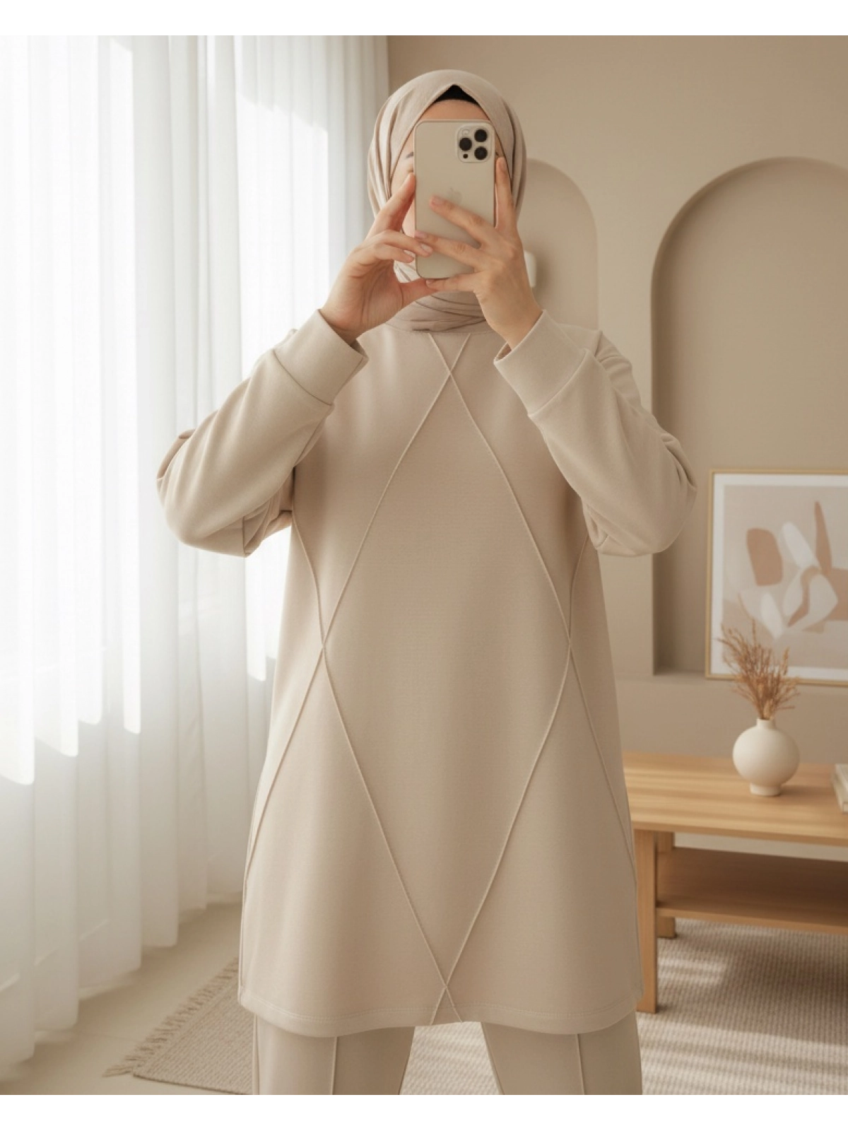 soft beige textured modest co ord set women