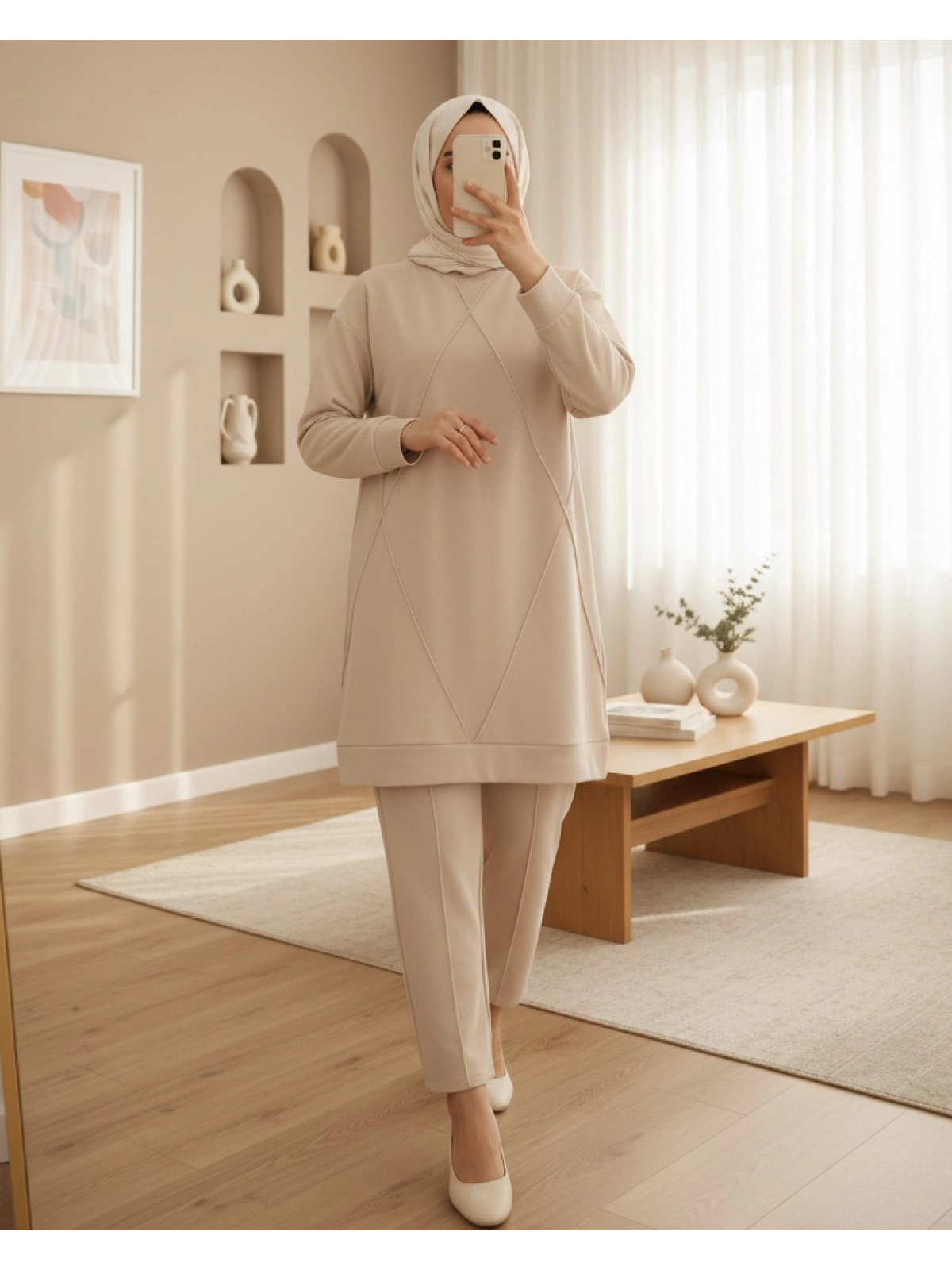 longline top modest co ord set beige