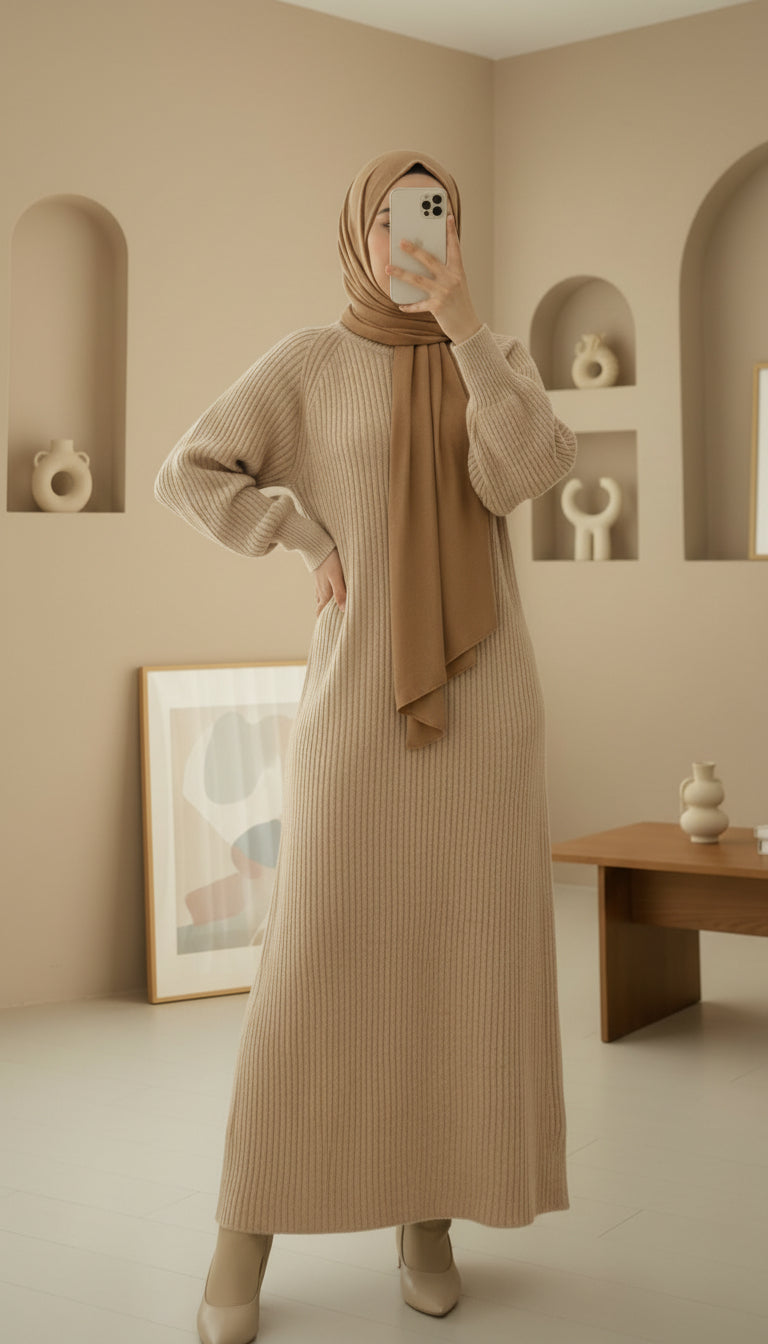 ribbed knit full length modest dress