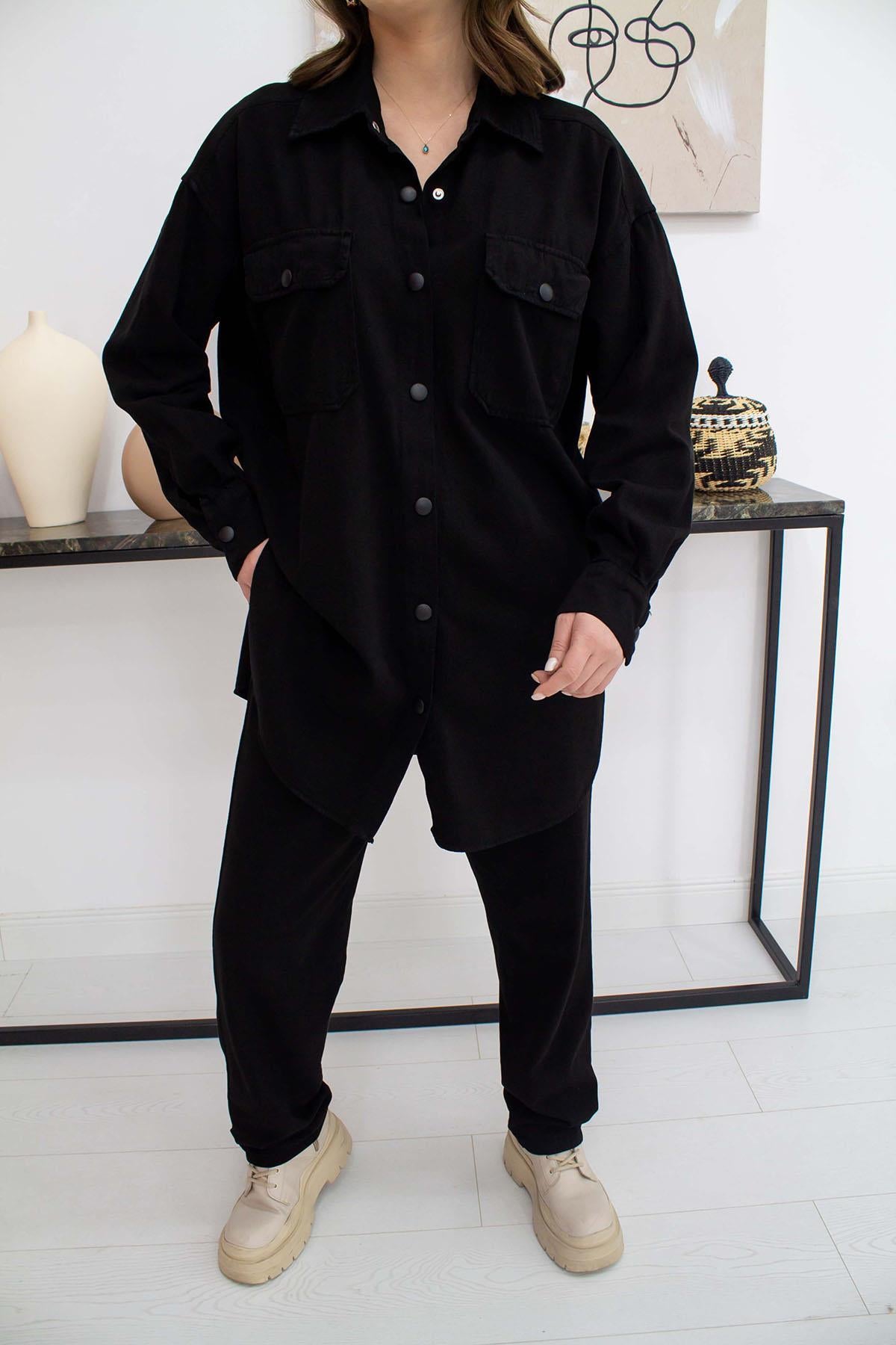 modest black long shirt and pants set