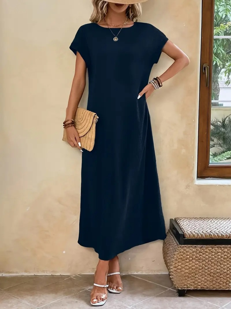 navy modest crew neck maxi dress