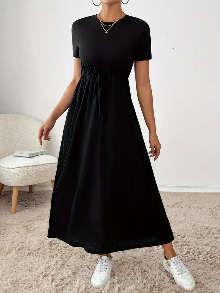 black modest maxi dress with tie belt