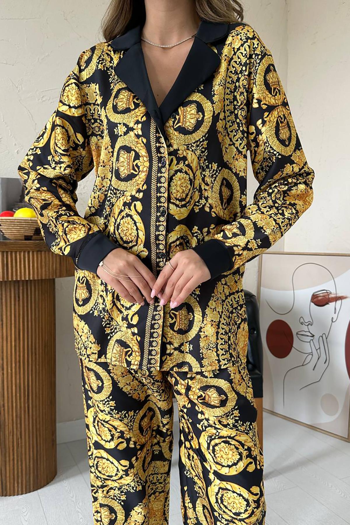 Premium Black Elegant Modest Co-Ord Set with Golden Print Palazzo Pants