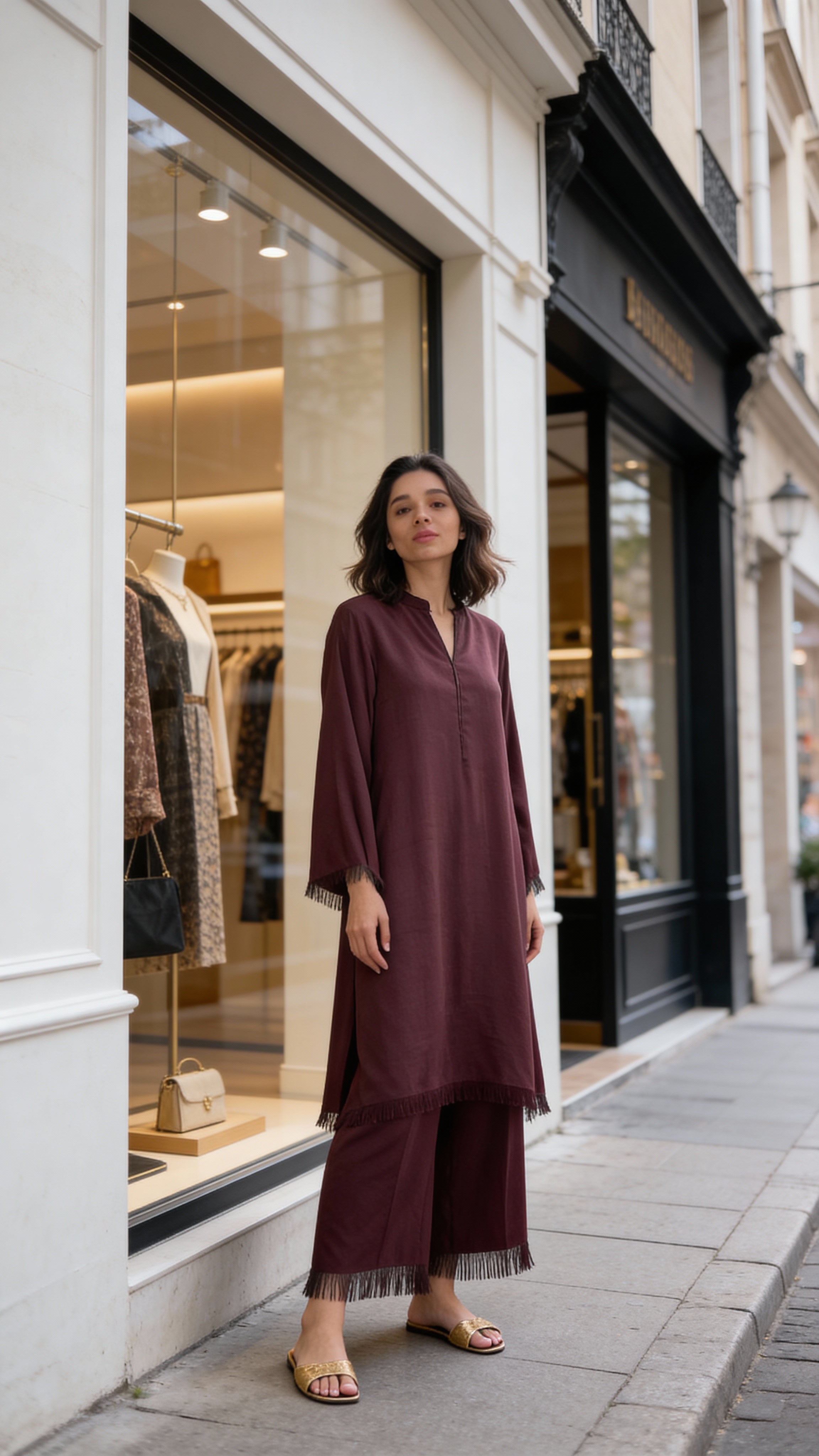 minimal wine modest outfit straight pants