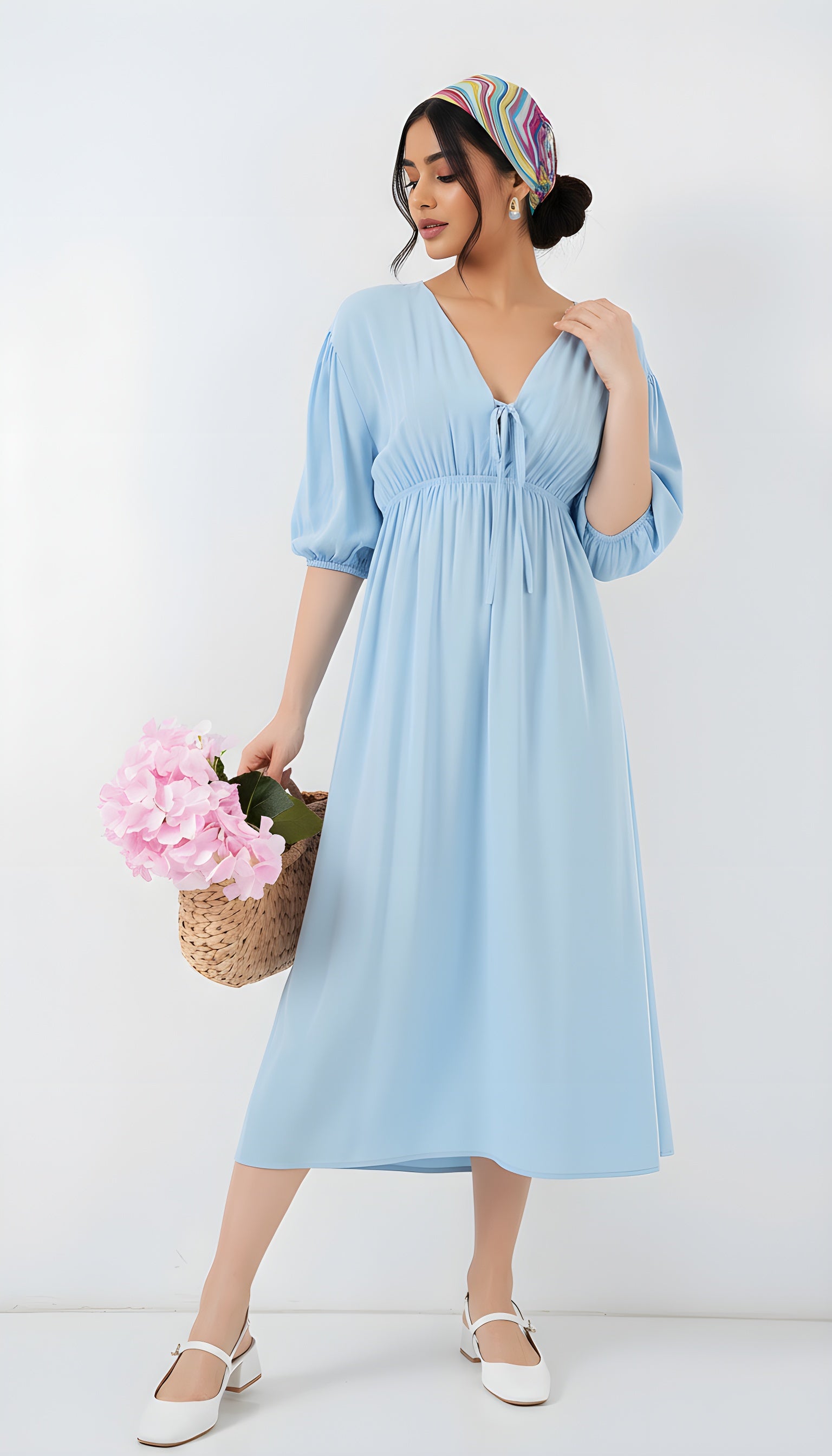 haya and kalos blue modest fit and flare midi dress