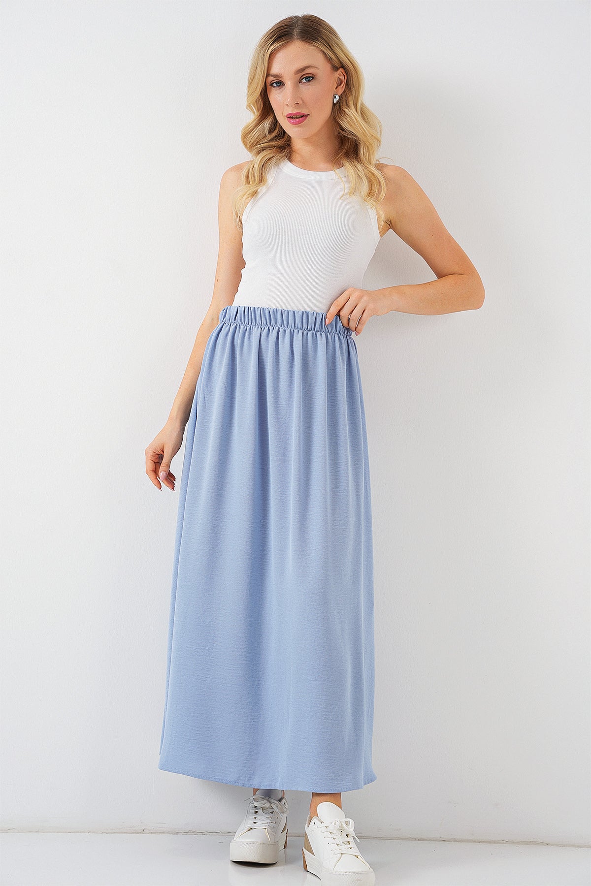 Azure Bloom High-Waist Modest Flared Maxi Skirt