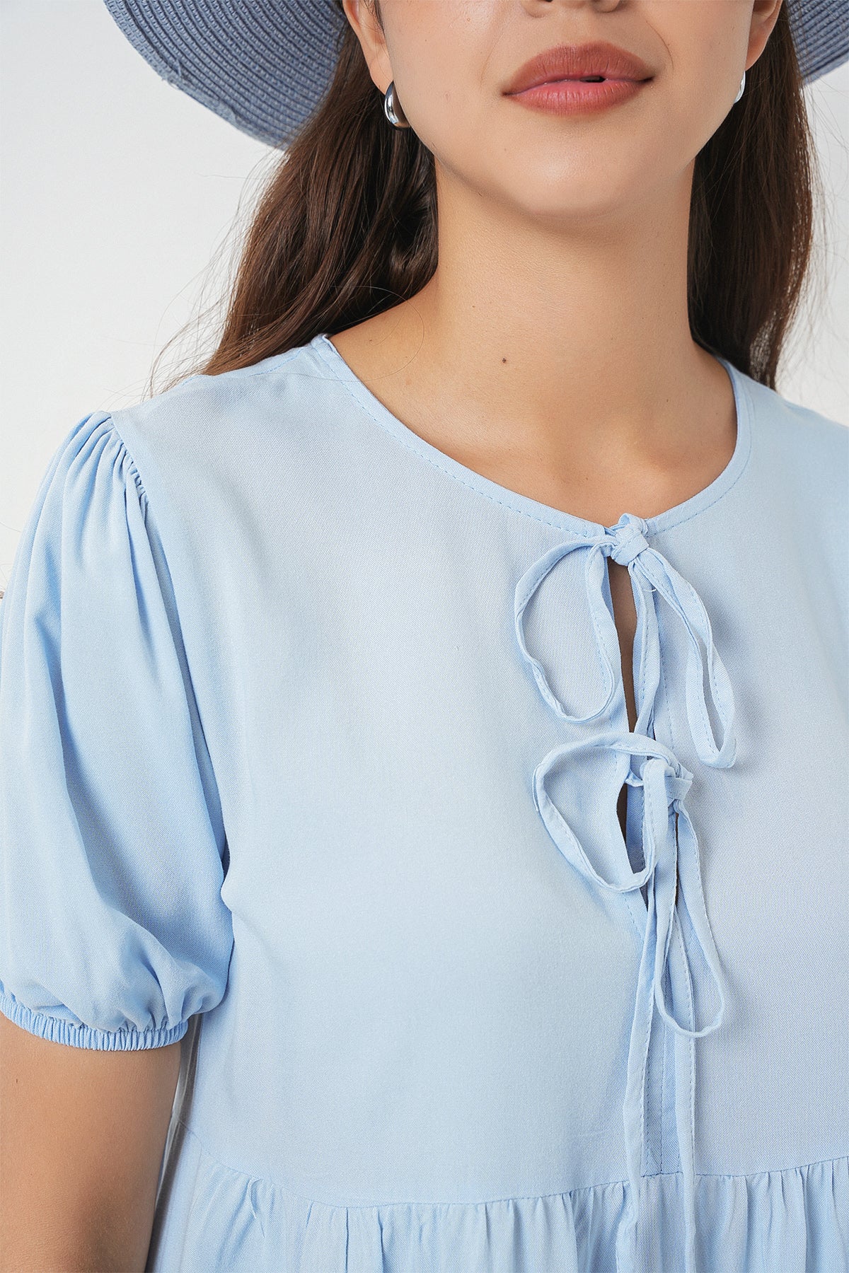 Light Blue Short Sleeve Tie-Front Dress