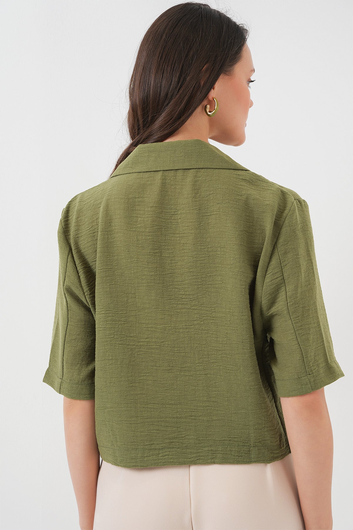 Khaki Linen Modest Crop Shacket