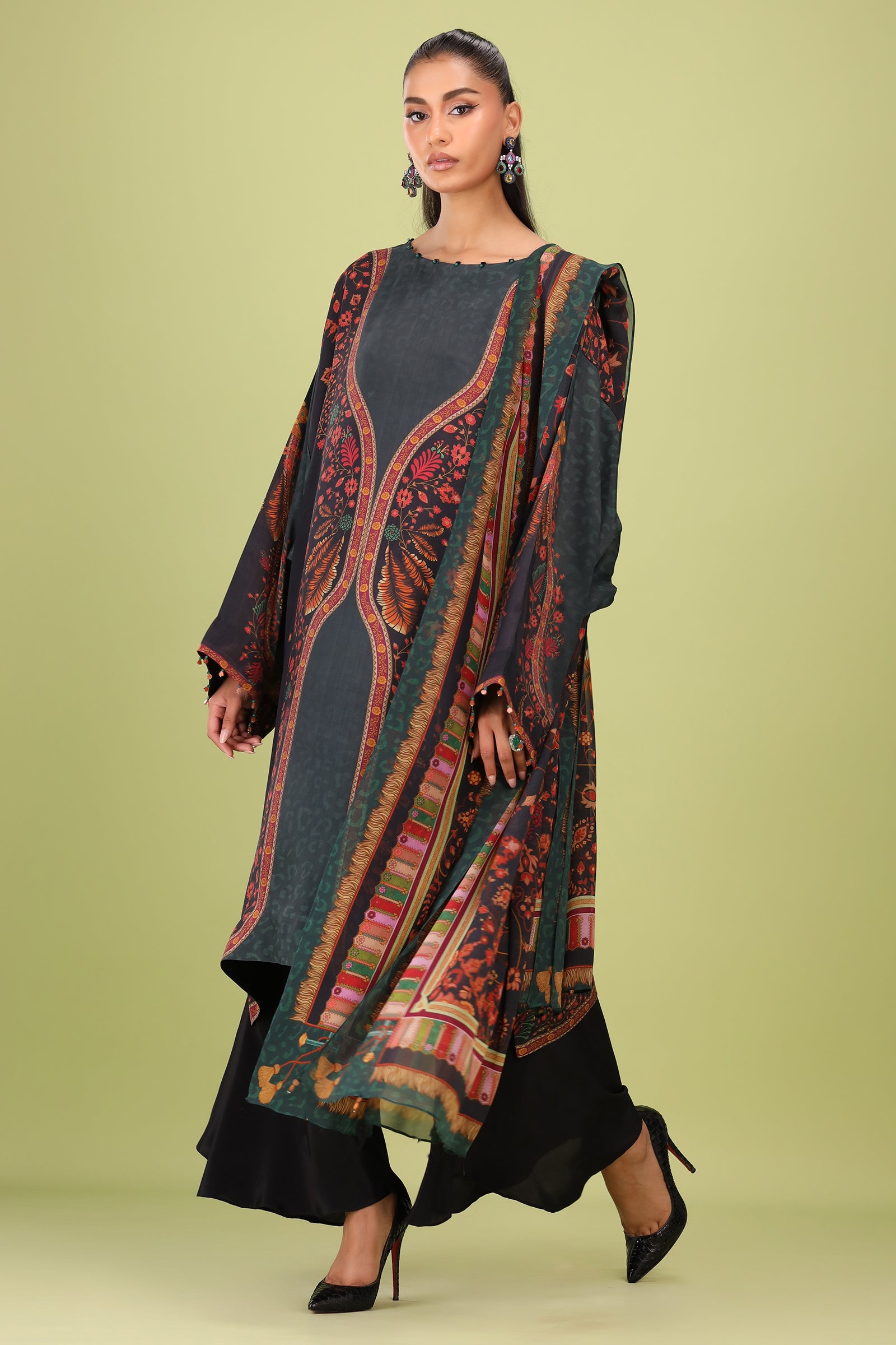 French Moss Flare Atelier Modest Co-Ord Set with Scarf