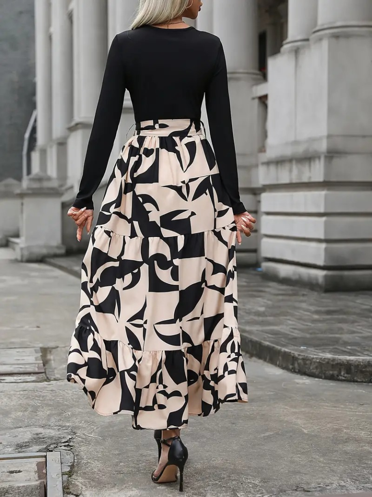 premium noir muse modest long printed maxi dress - Haya & Kalos