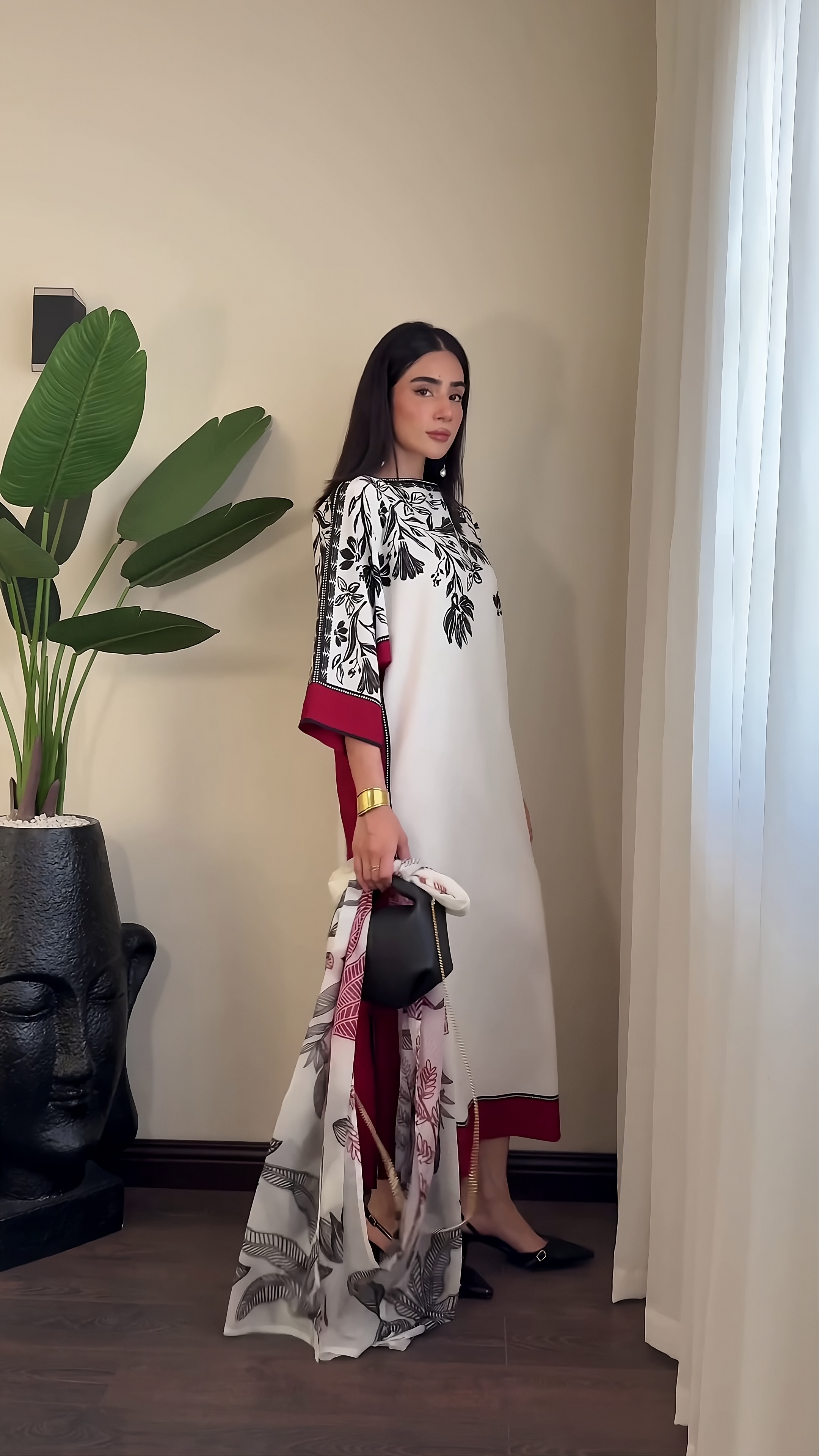 Ivory Noir Blossom Modest Co-Ord Set with Scarf