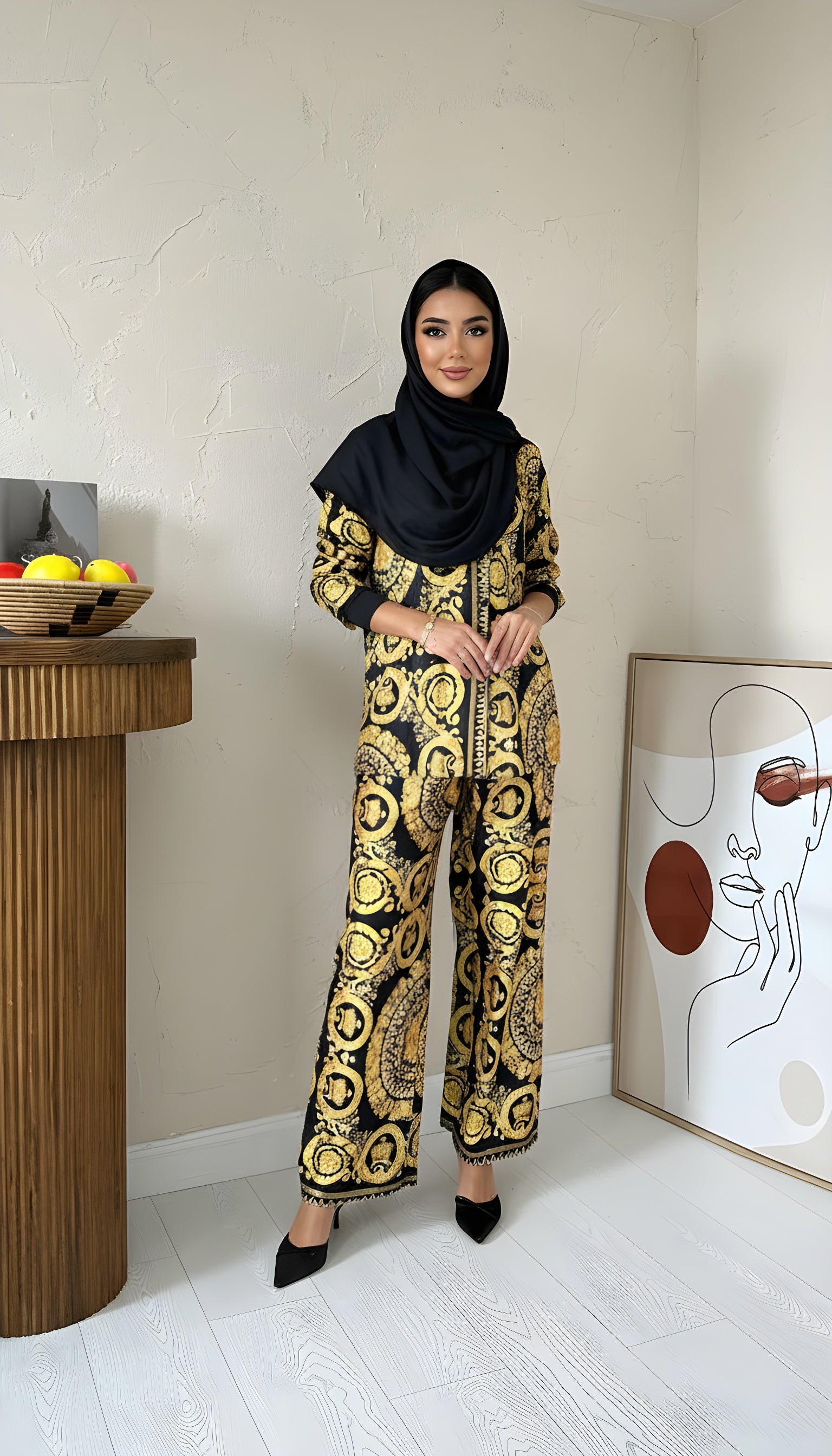 Premium Black Elegant Modest Co-Ord Set with Golden Print Palazzo Pants