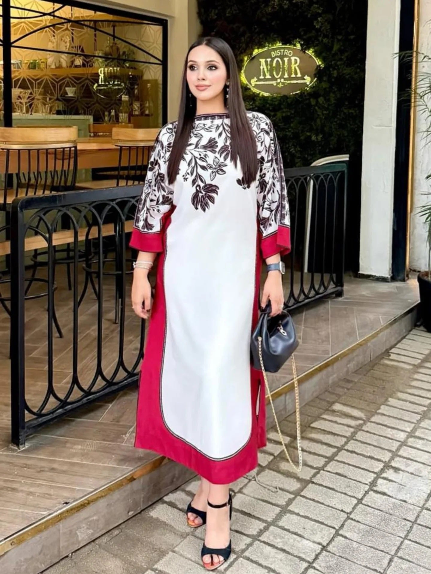 Ivory Noir Blossom Modest Co-Ord Set with Scarf