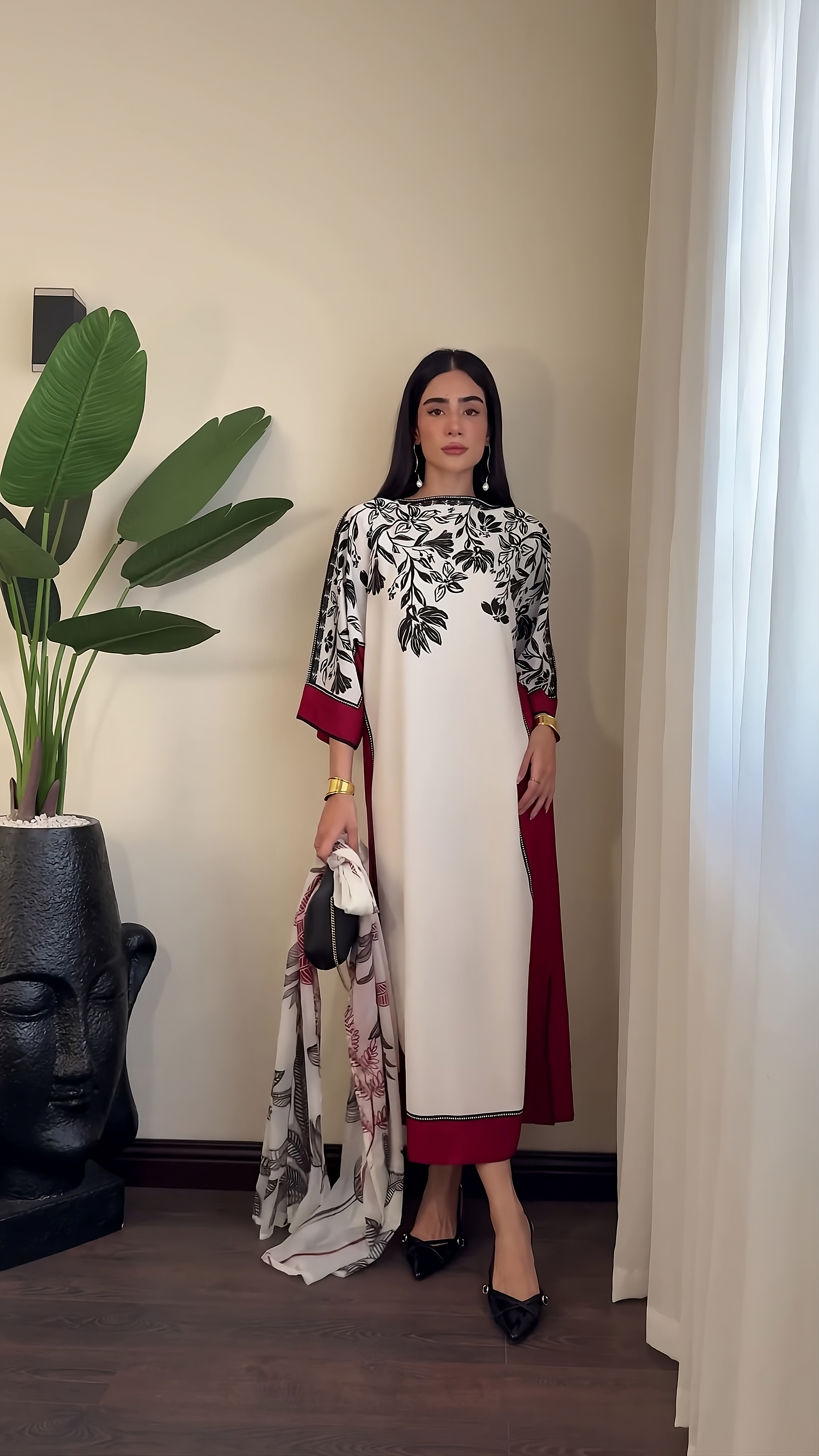 Ivory Noir Blossom Modest Co-Ord Set with Scarf