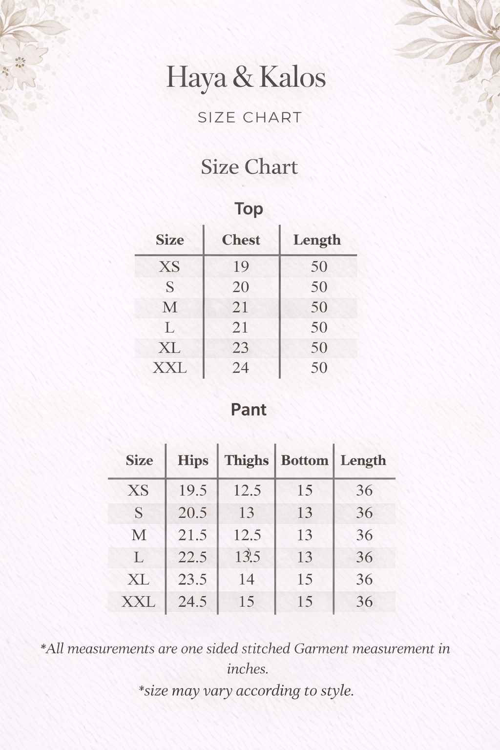 Size chart
