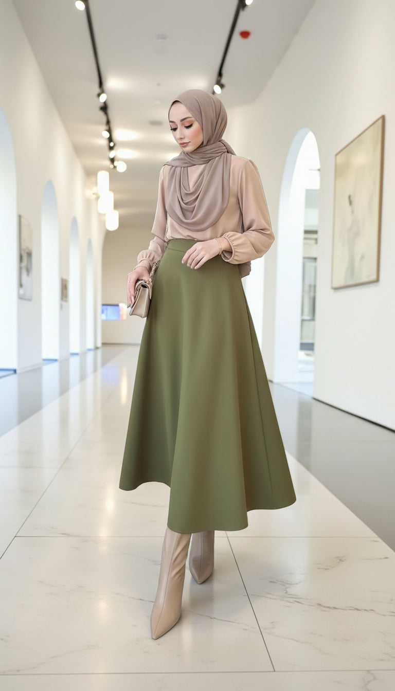Olive Green A-Line Elastic Waist Modest Scuba Maxi Skirt
